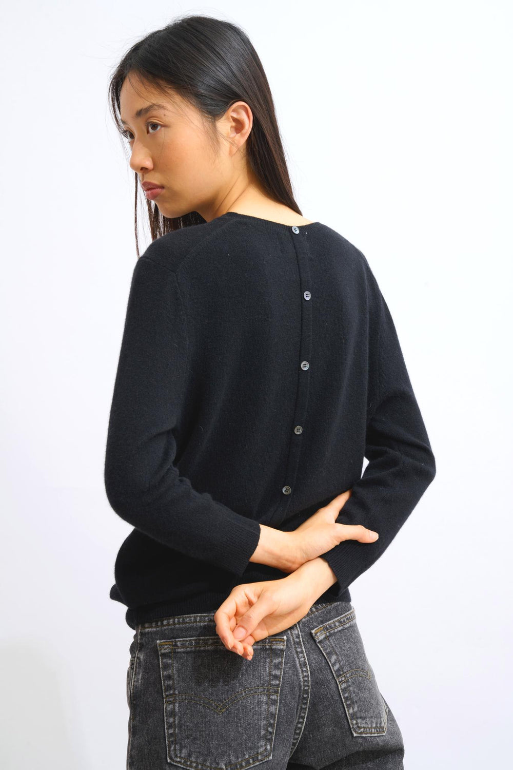 ESTARIS pull col rond boutonné dos noir 100% cachemire