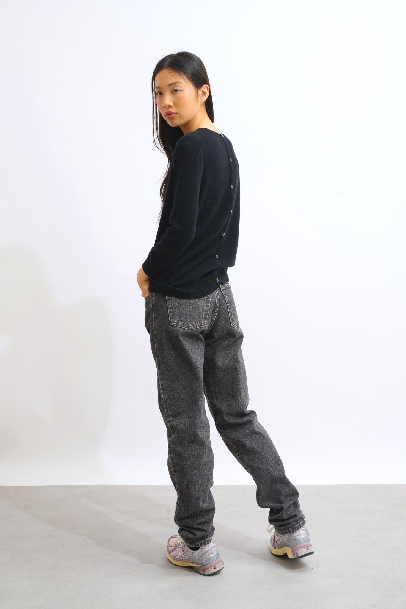 ESTARIS pull col rond boutonné dos noir 100% cachemire