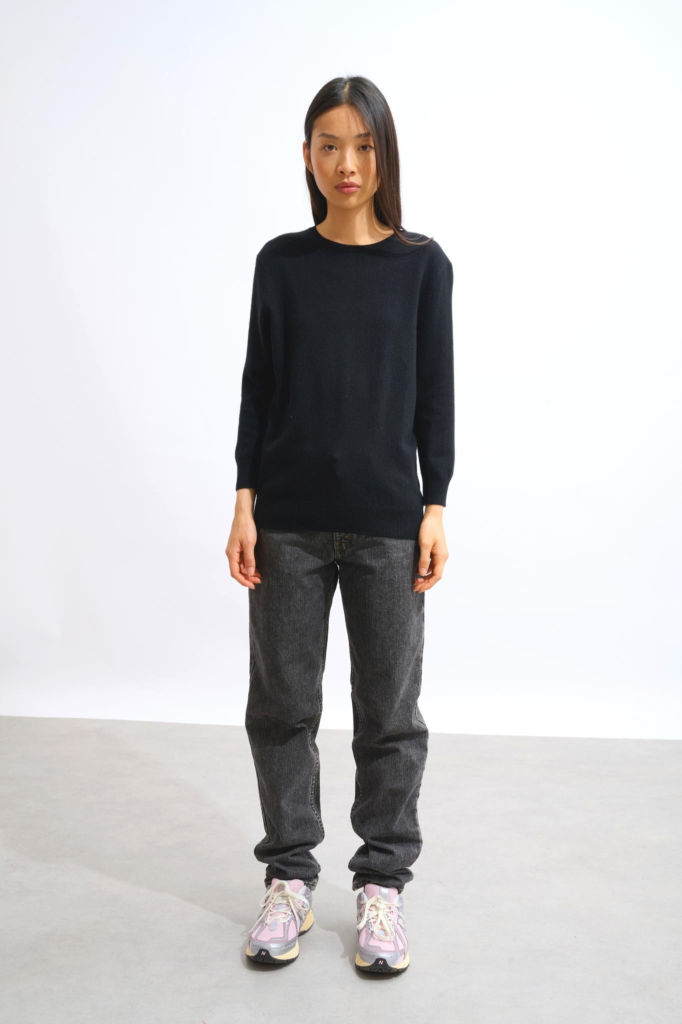 ESTARIS pull col rond boutonné dos noir 100% cachemire