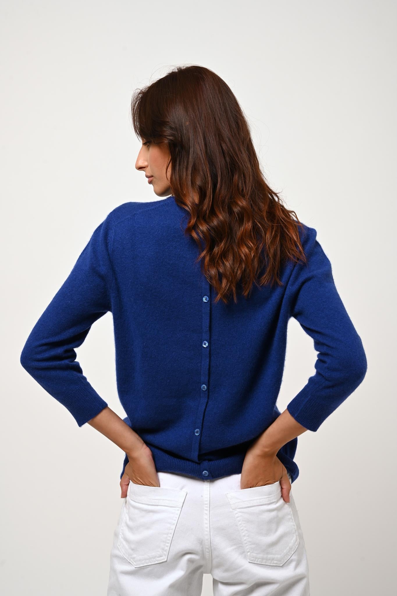 ESTARIS Pullover Rundhalsausschnitt geknöpft Rücken ultramarin 100% Kaschmir