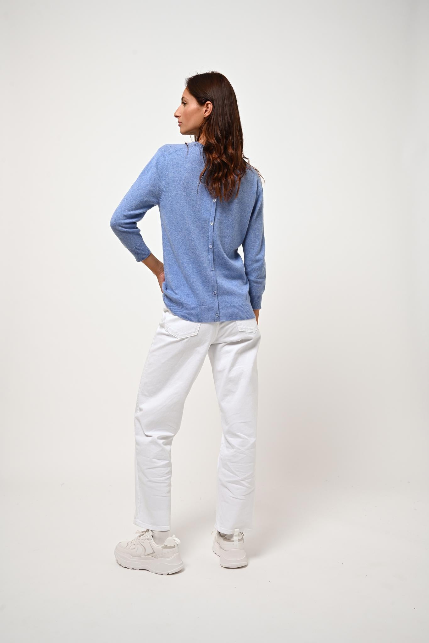 ESTARIS pull col rond boutonné dos sky 100% cachemire