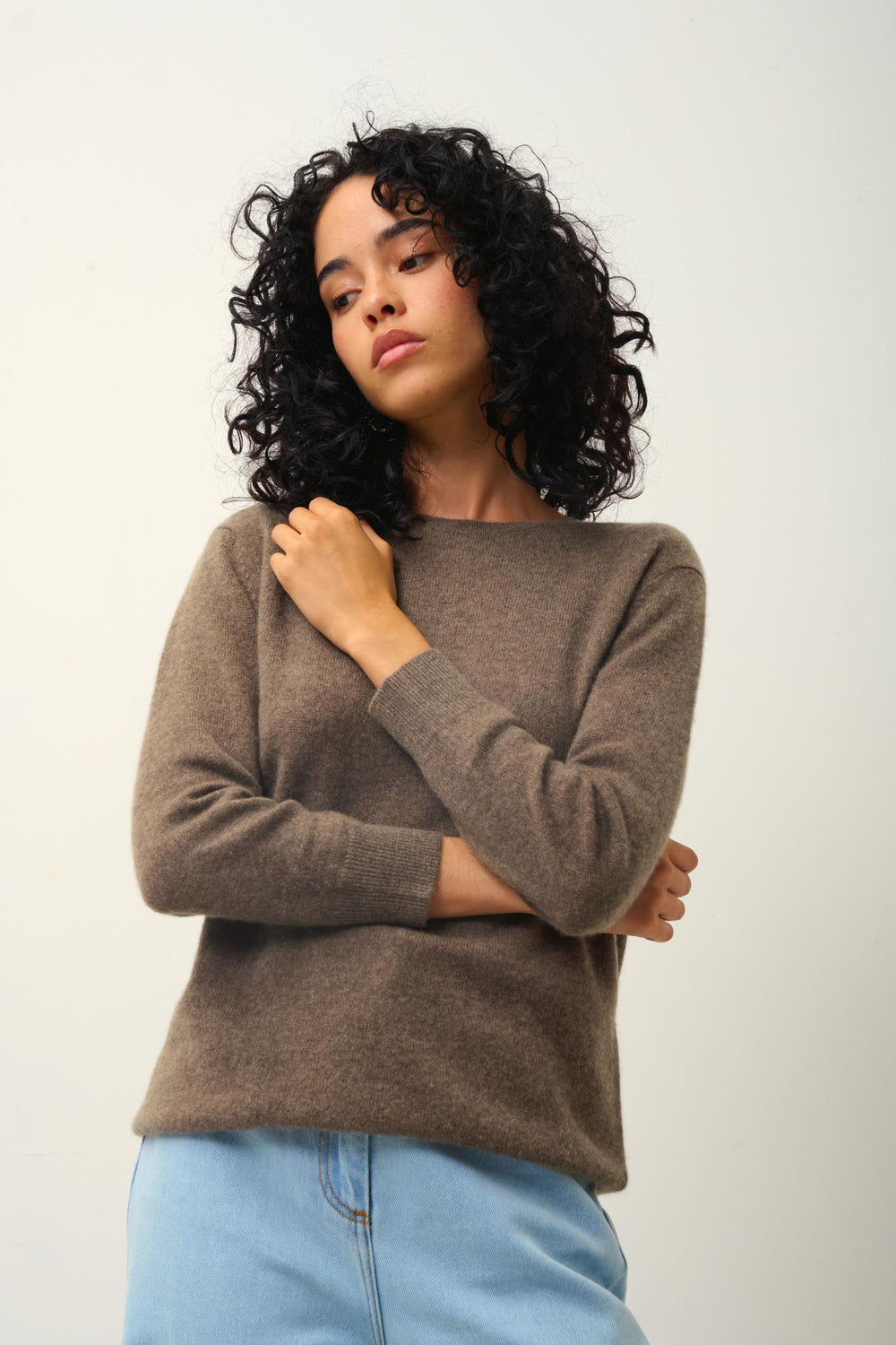 ESTARIS taupe mottled round-neck sweater with buttons on the back 100% cashmere