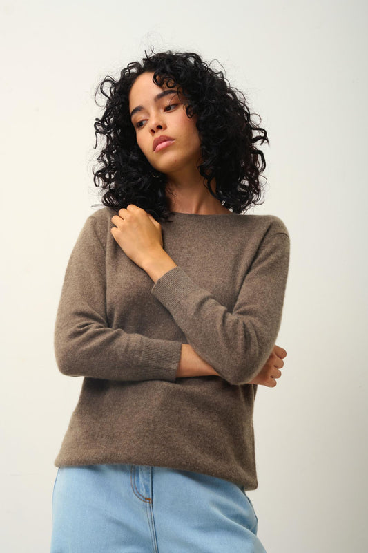 ESTARIS taupe mottled round-neck sweater with buttons on the back 100% cashmere