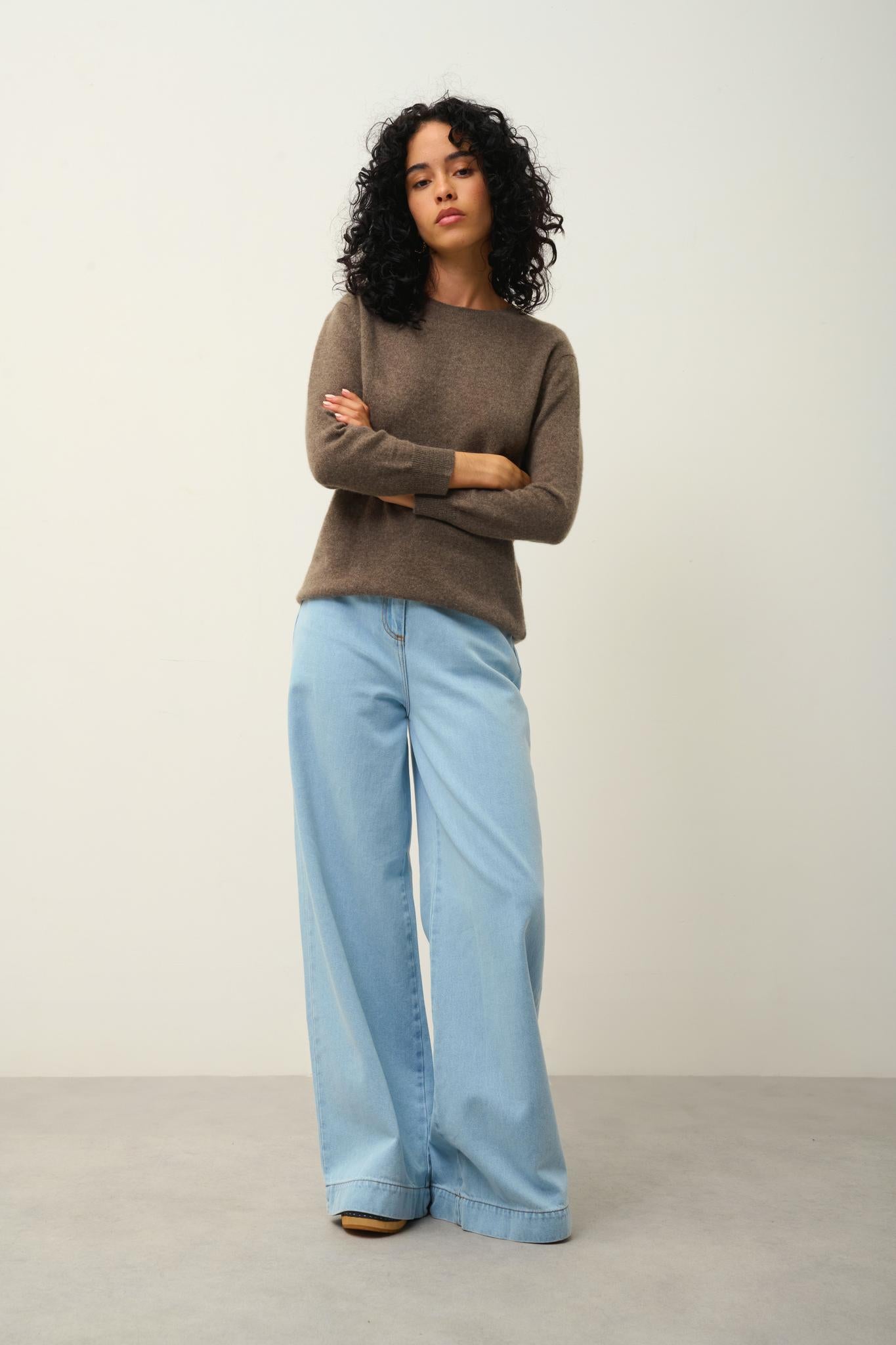 ESTARIS taupe mottled round-neck sweater with buttons on the back 100% cashmere