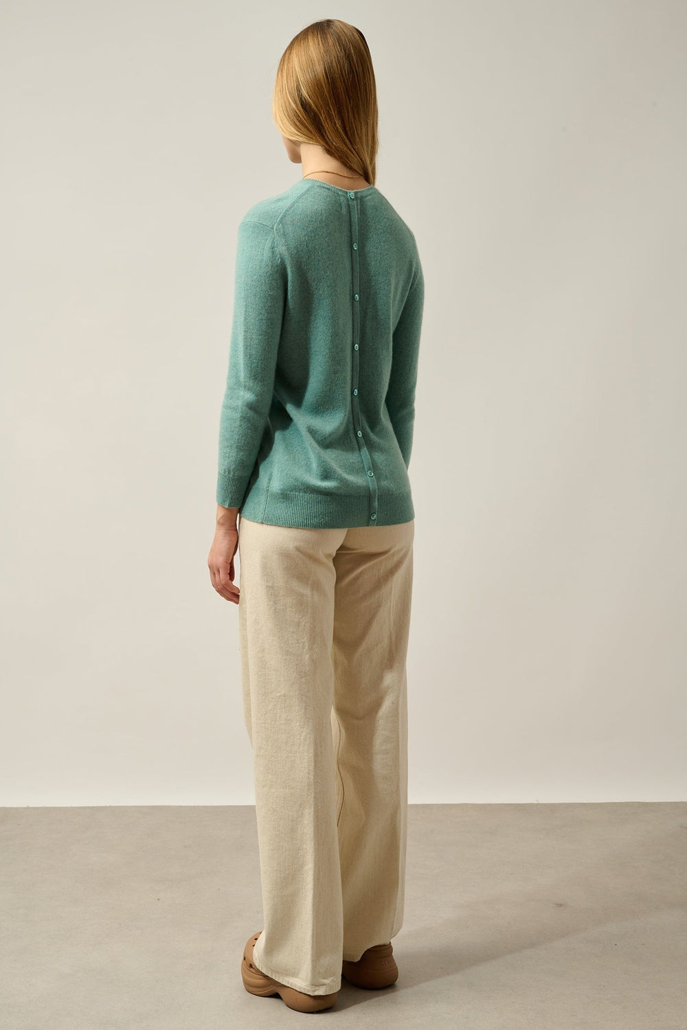 ESTARIS pull col rond boutonné dos vert chiné 100% cachemire