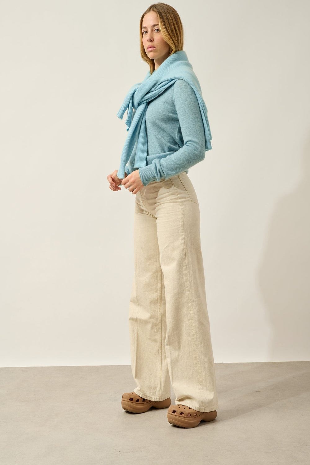 ETRET pull col rond aqua chiné 100% cachemire