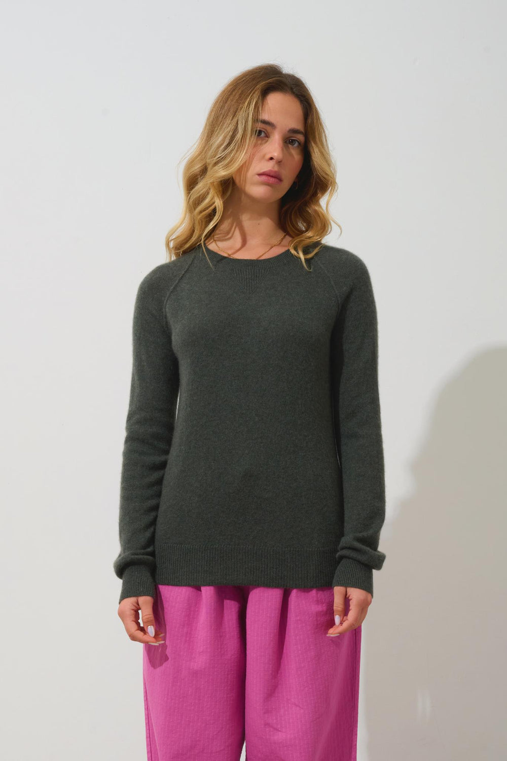 ETRET Pullover mit Rundhalsausschnitt khaki meliert 100% Kaschmir