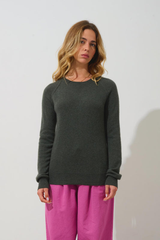 ETRET Pullover mit Rundhalsausschnitt khaki meliert 100% Kaschmir