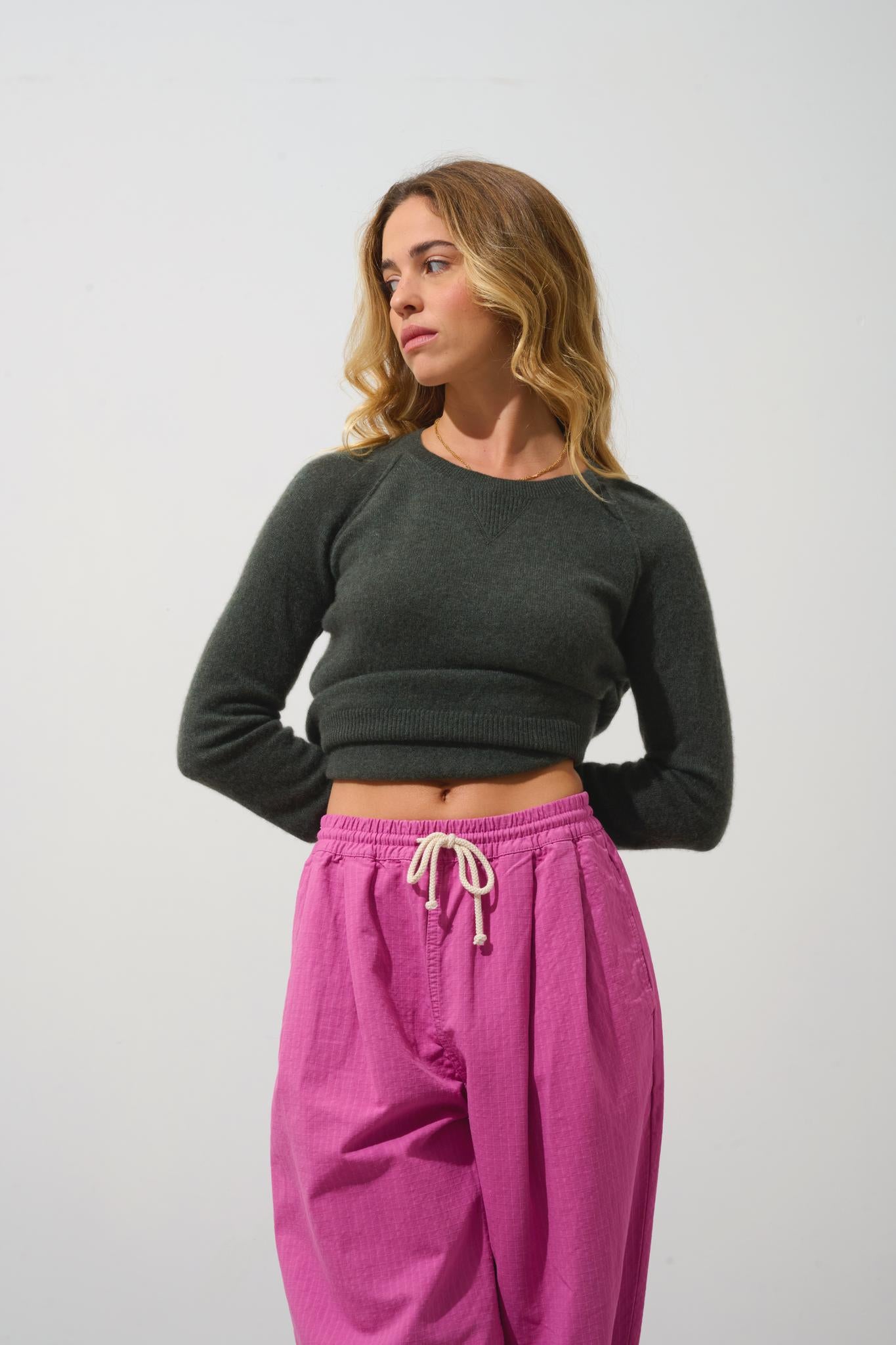 ETRET Pullover mit Rundhalsausschnitt khaki meliert 100% Kaschmir