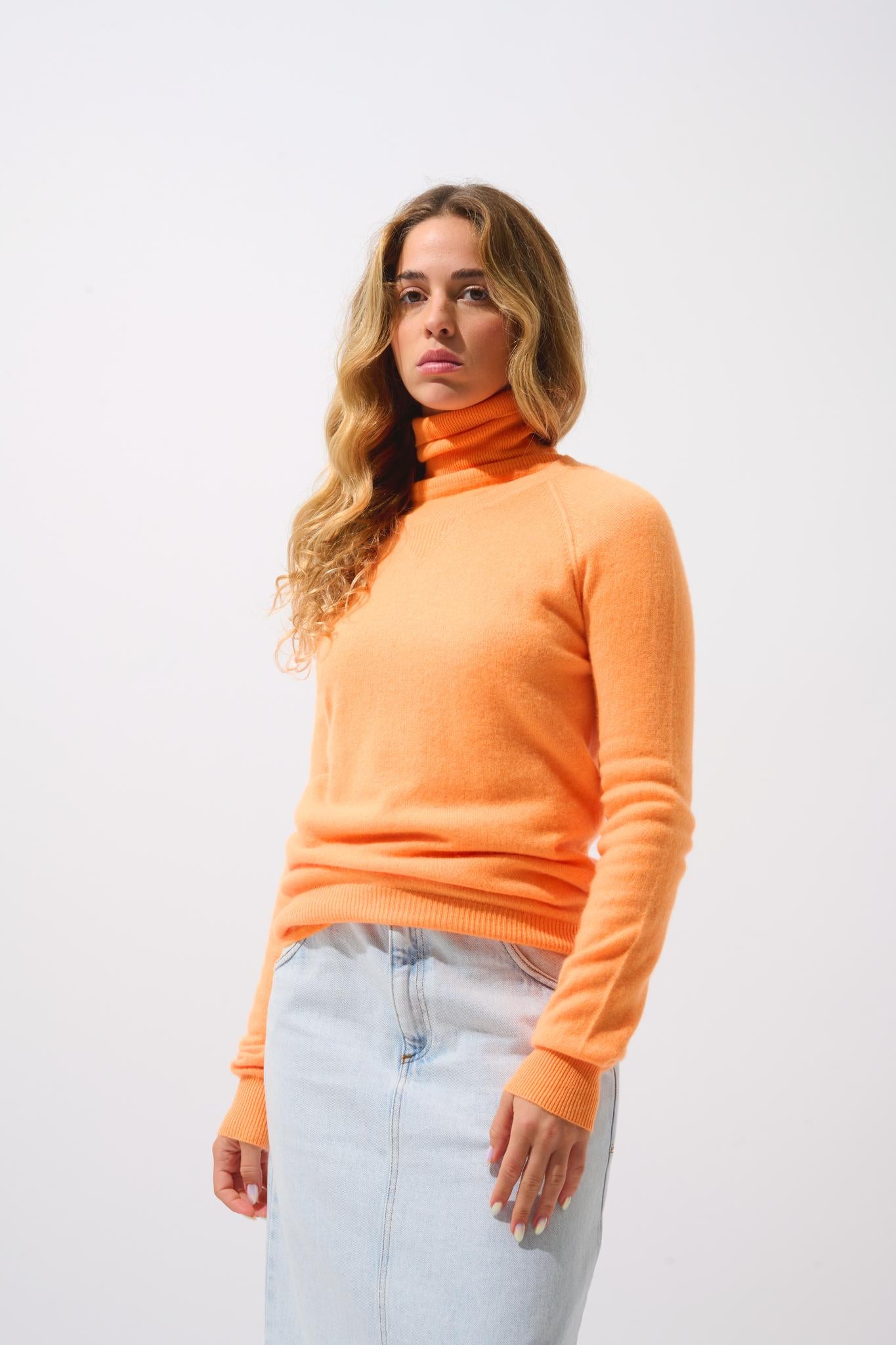 ETRET pull col rond mandarine fluo 100% cachemire