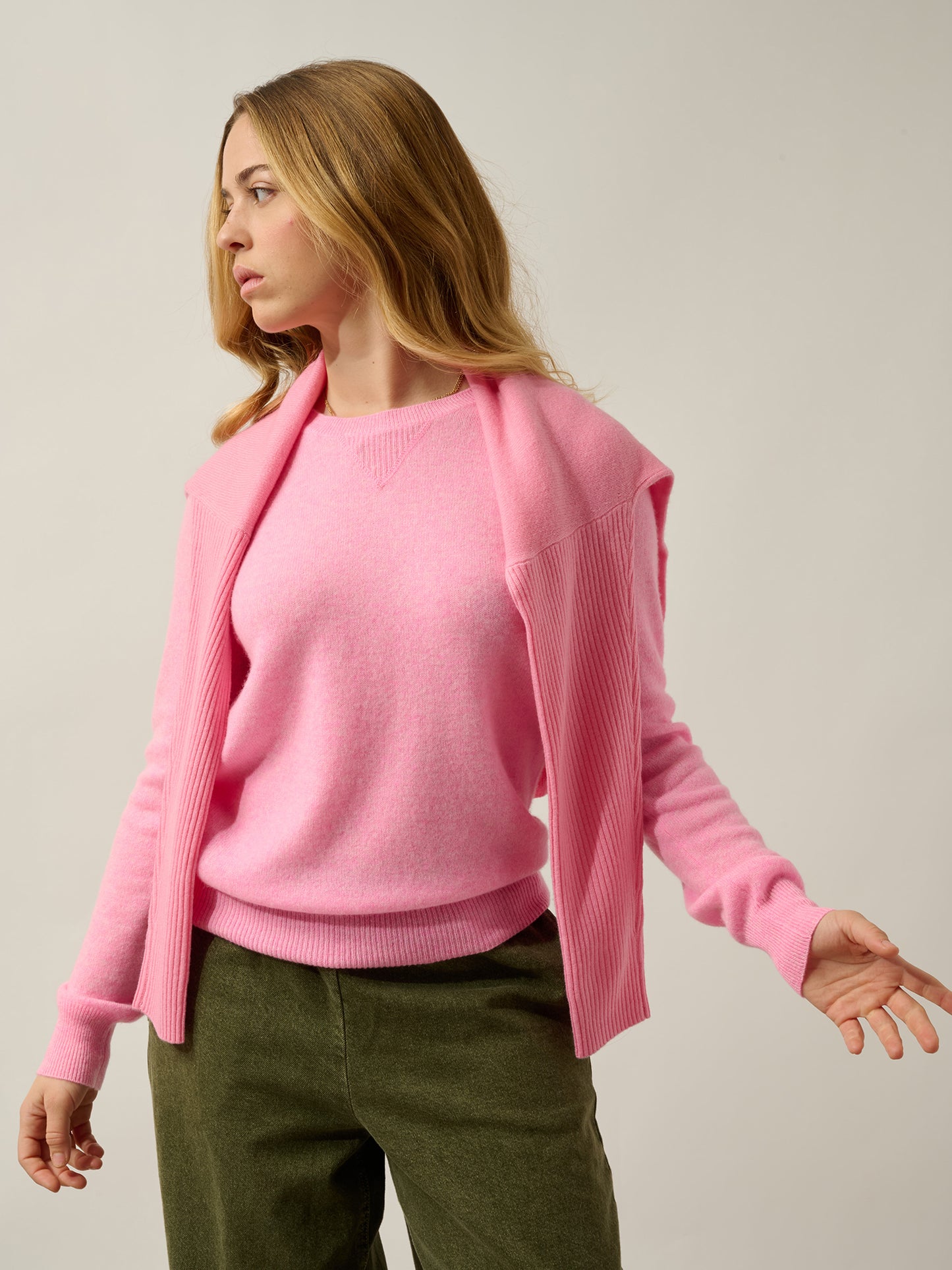 ETRET pull col rond rose fluo chiné 100% cachemire