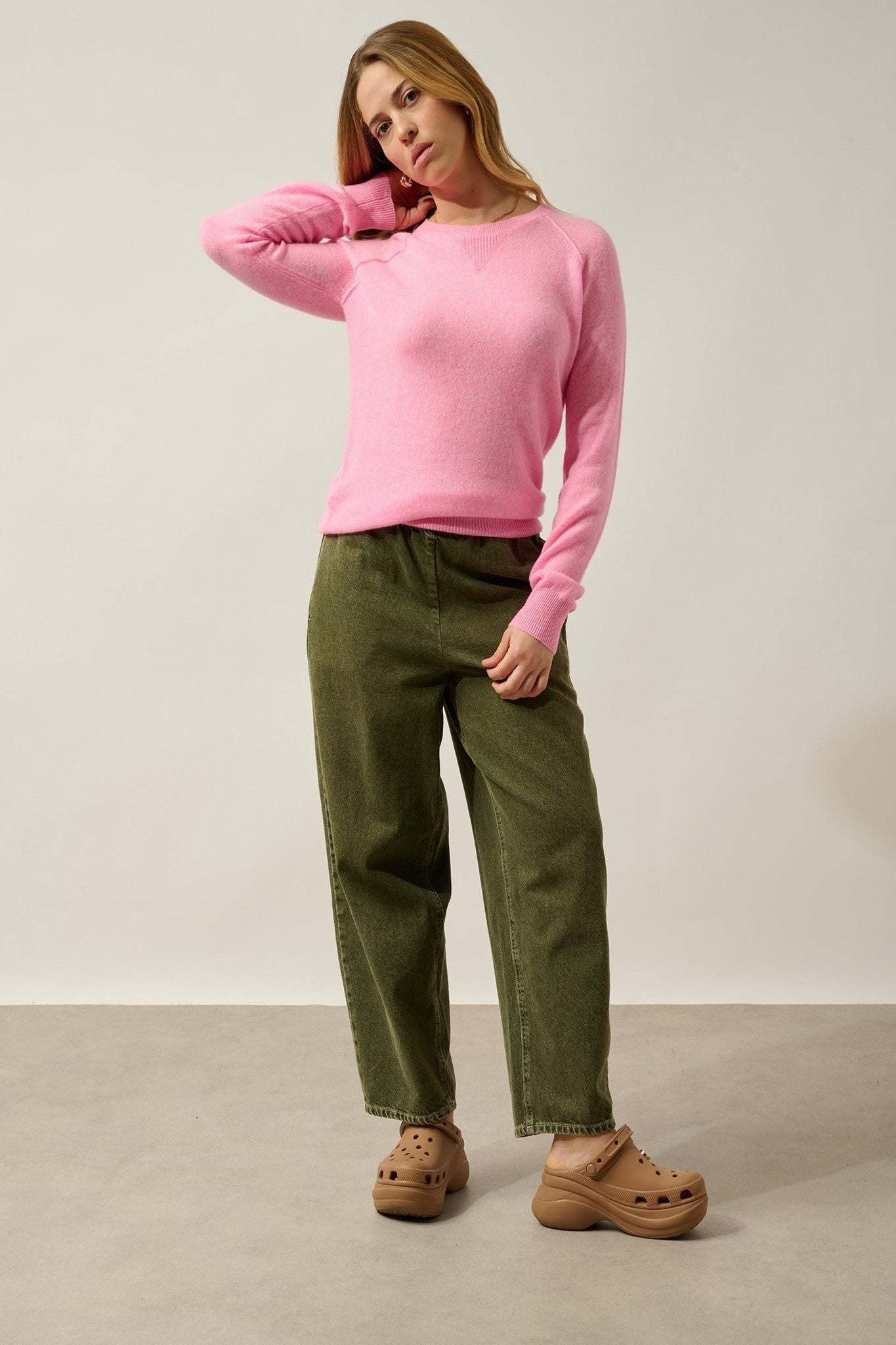 etret pull col rond rose fluo chiné 100% cachemire