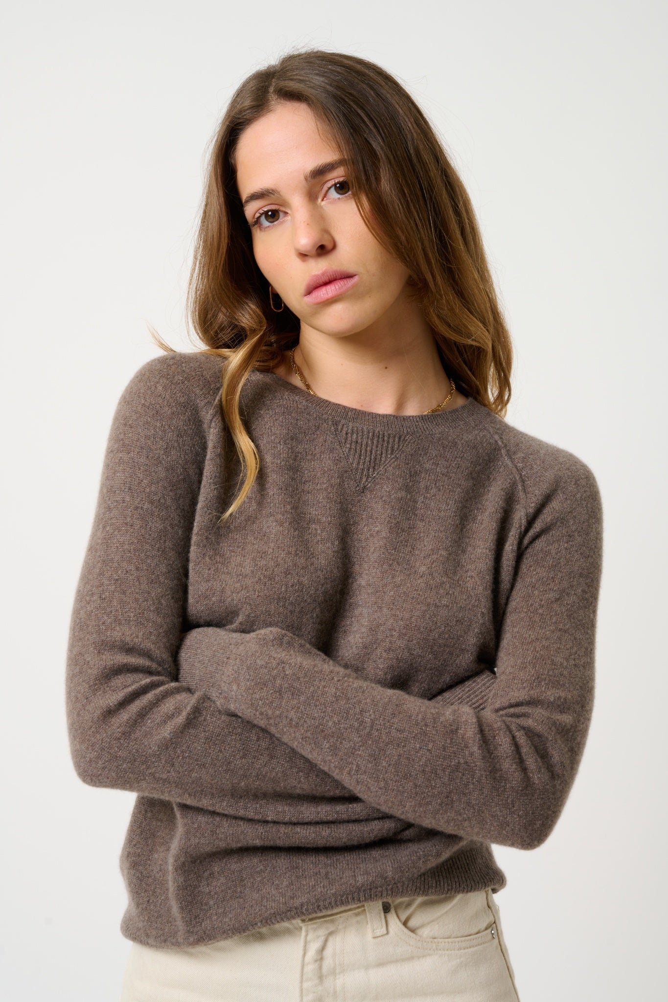 ETRET Pullover mit Rundhalsausschnitt taupe meliert 100% Kaschmir
