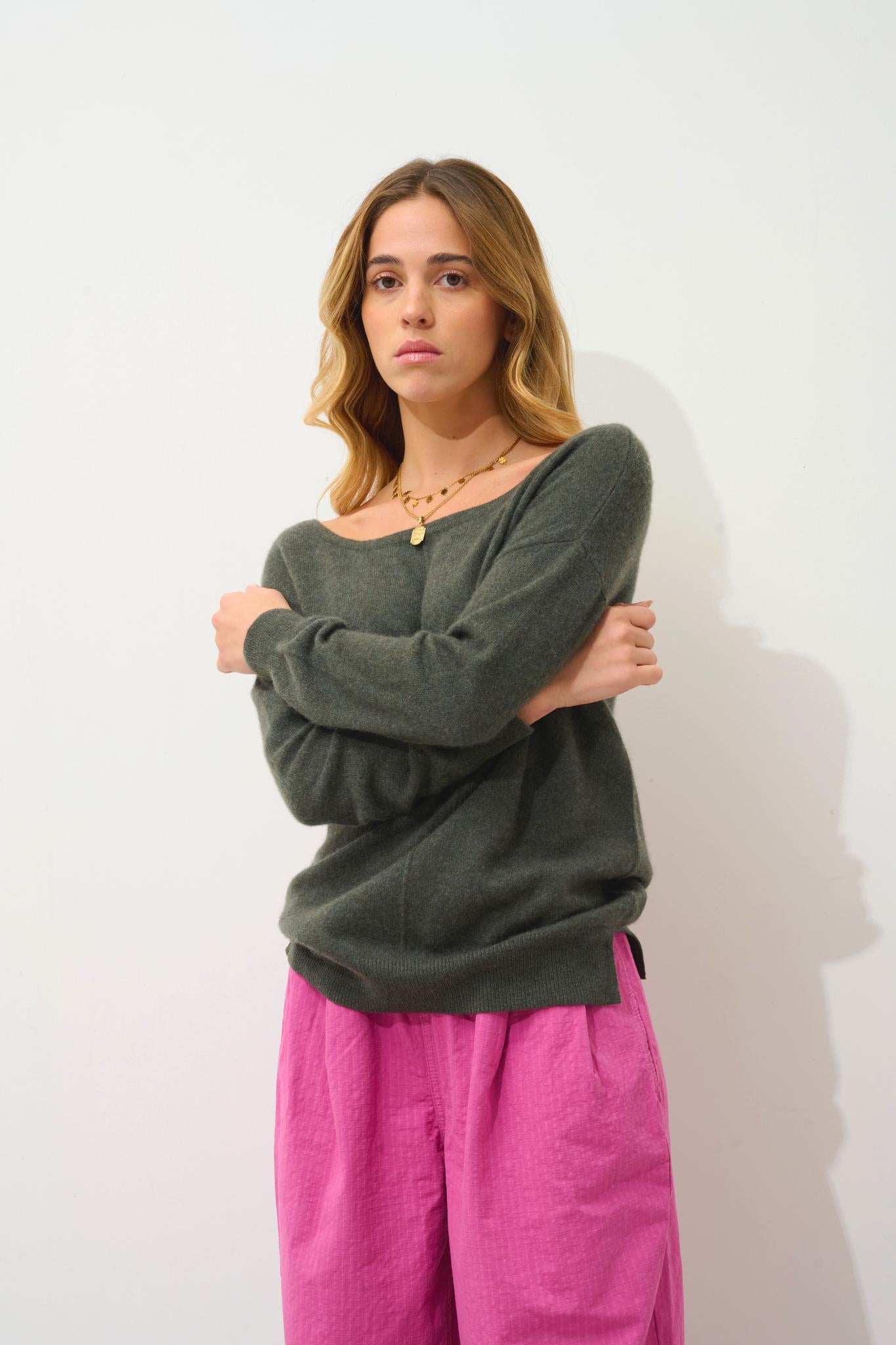 FARAUT Pullover mit Rundhalsausschnitt khaki meliert 100% Kaschmir