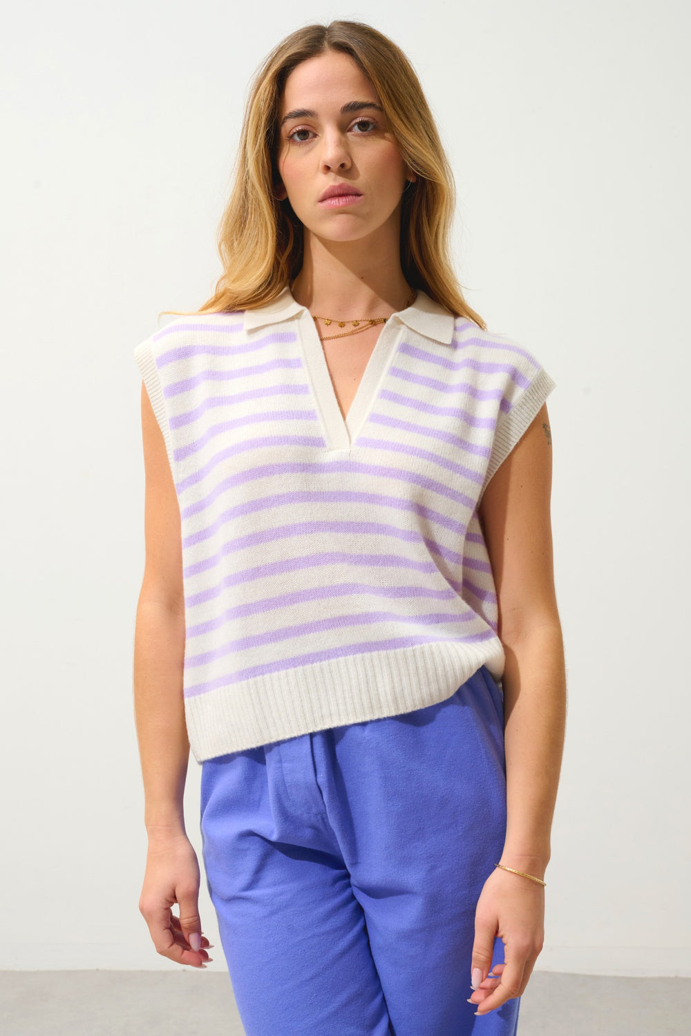 felina pull col polo ouvert sans manches 4 fils bi-color mauve/ivoire 100% cachemire