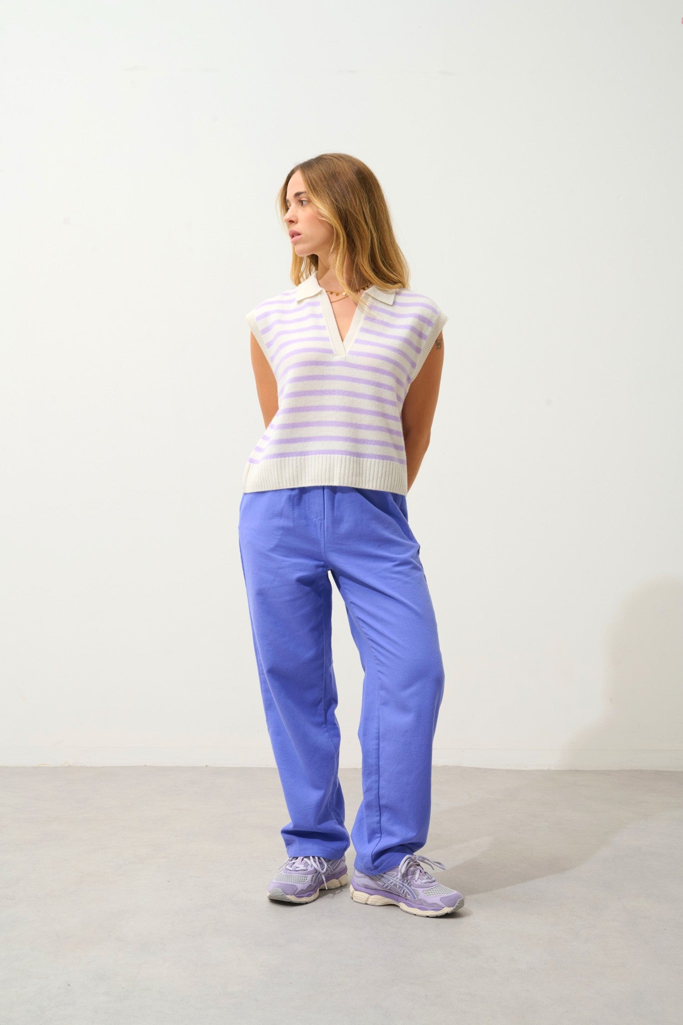 felina pull col polo ouvert sans manches 4 fils bi-color mauve/ivoire 100% cachemire