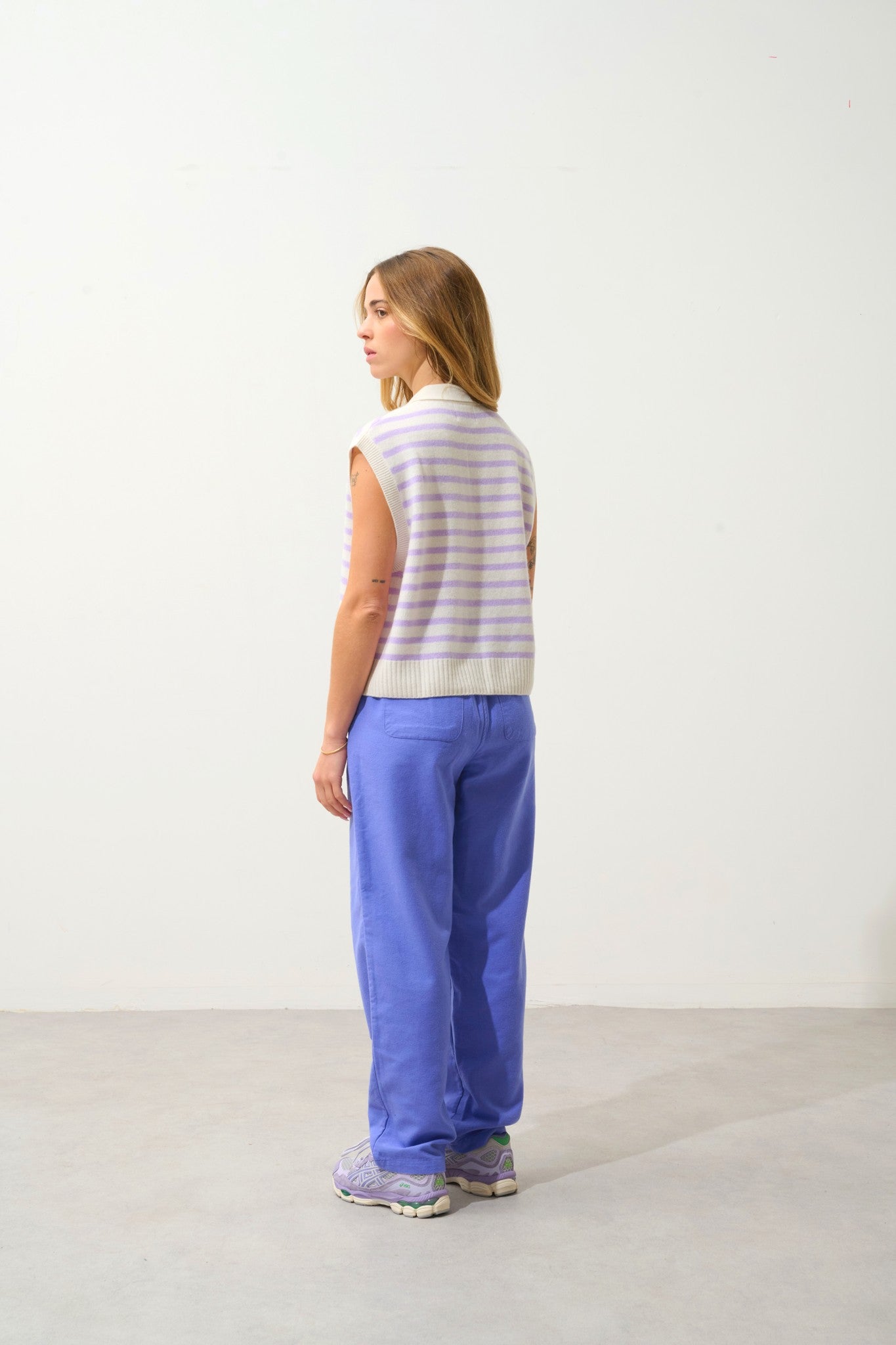 felina pull col polo ouvert sans manches 4 fils bi-color mauve/ivoire 100% cachemire