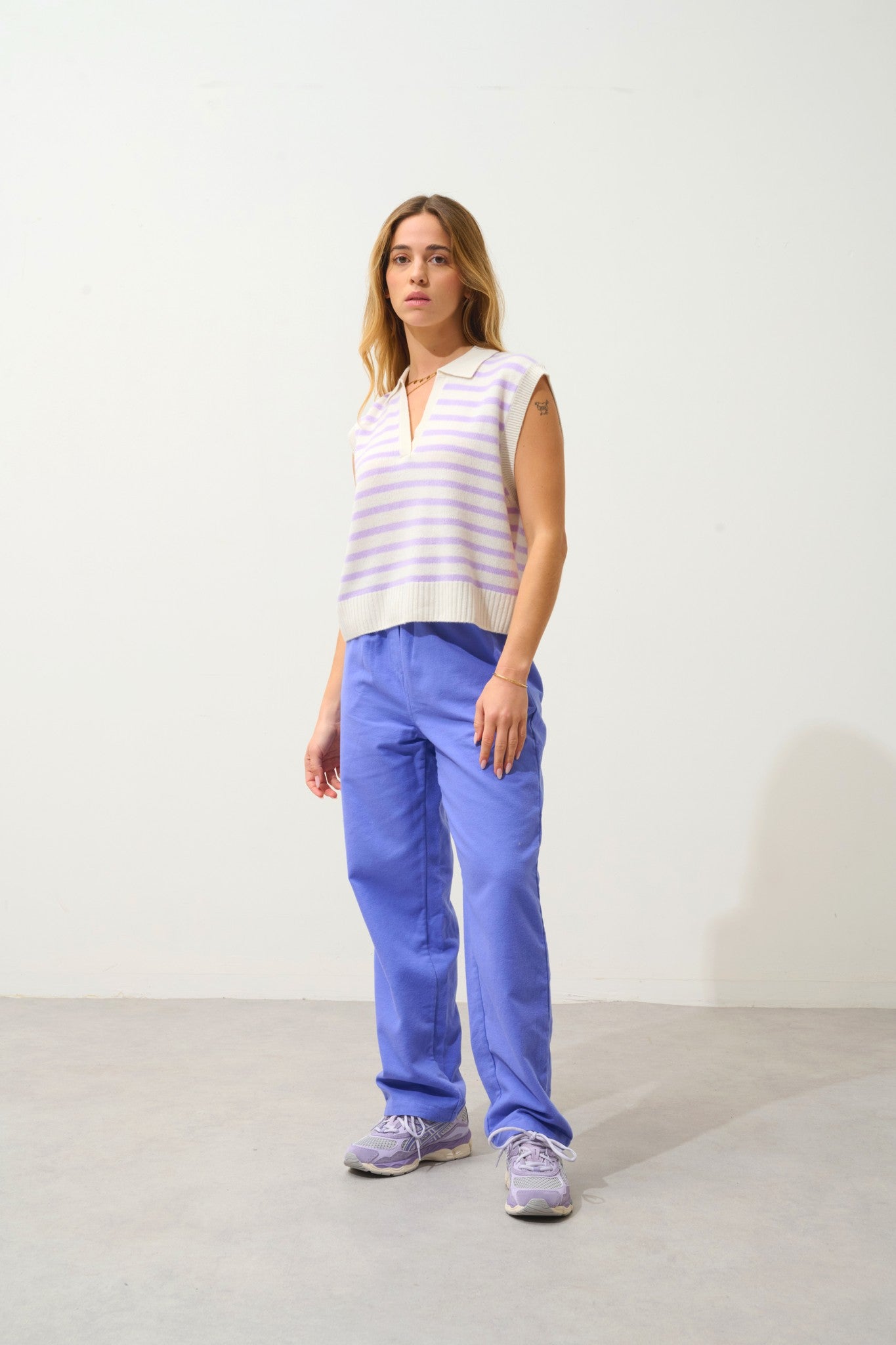 felina pull col polo ouvert sans manches 4 fils bi-color mauve/ivoire 100% cachemire