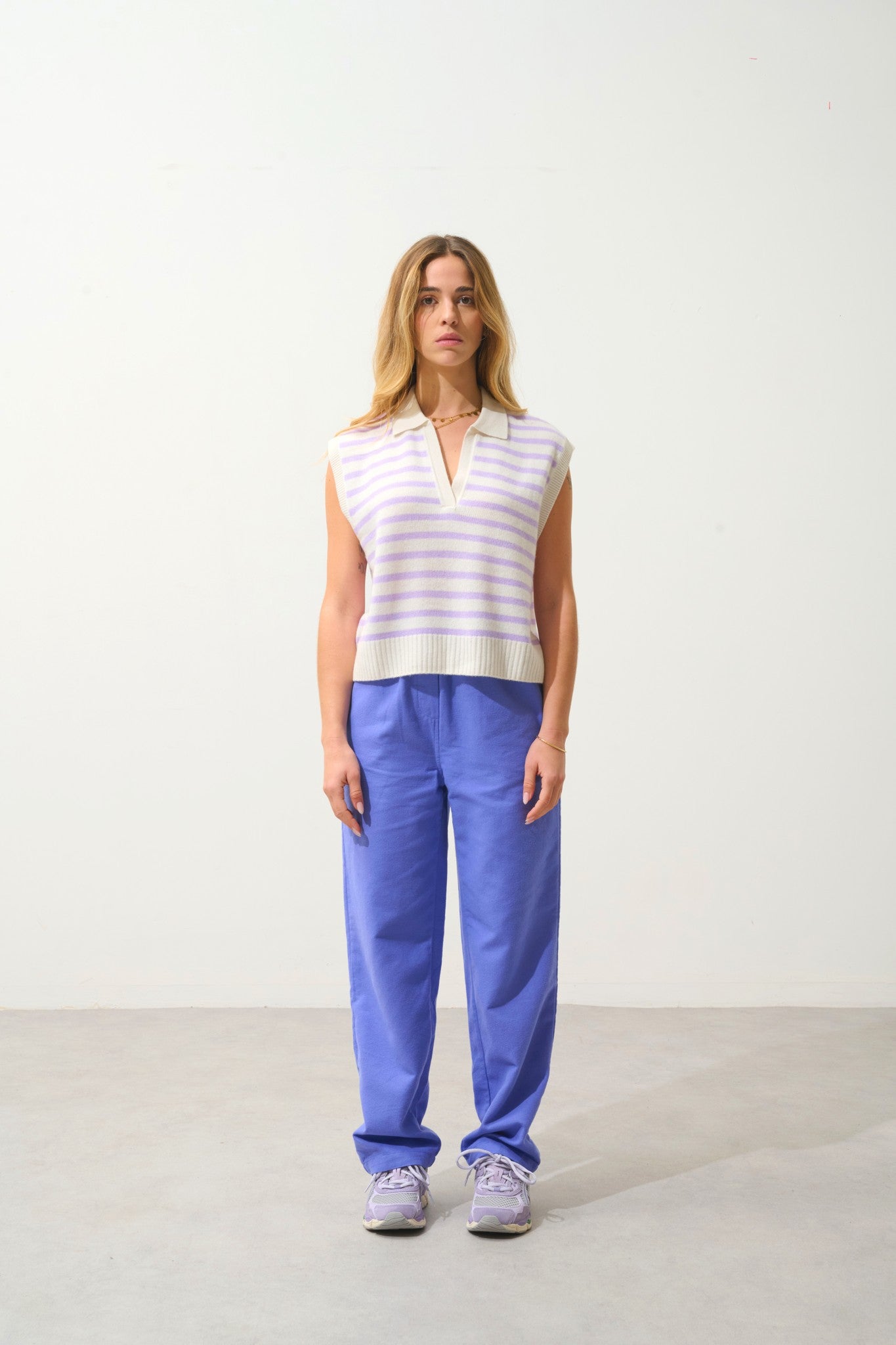 felina pull col polo ouvert sans manches 4 fils bi-color mauve/ivoire 100% cachemire