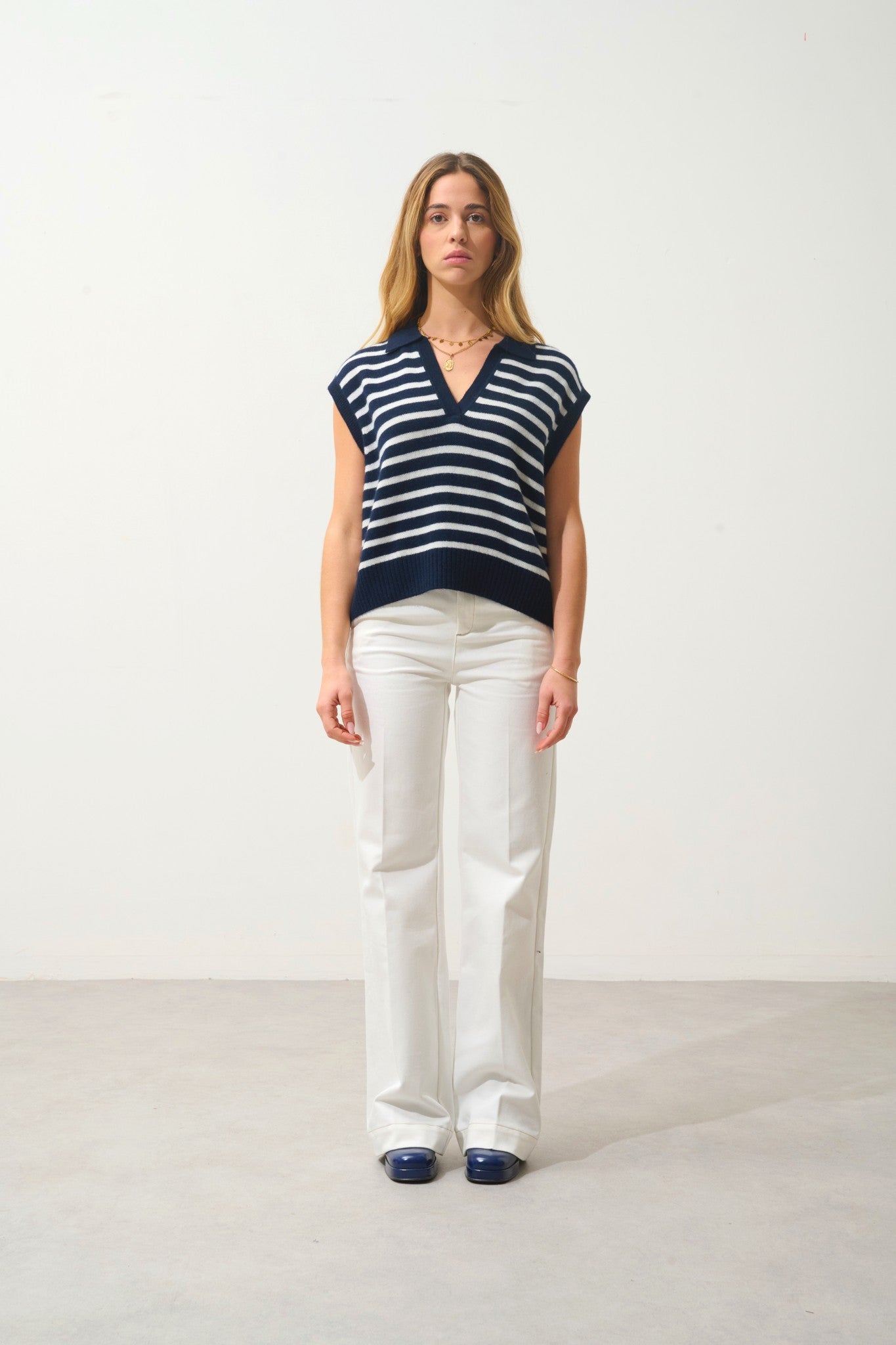 felina pull col polo ouvert sans manches 4 fils bi-color navy/ivoire 100% cachemire