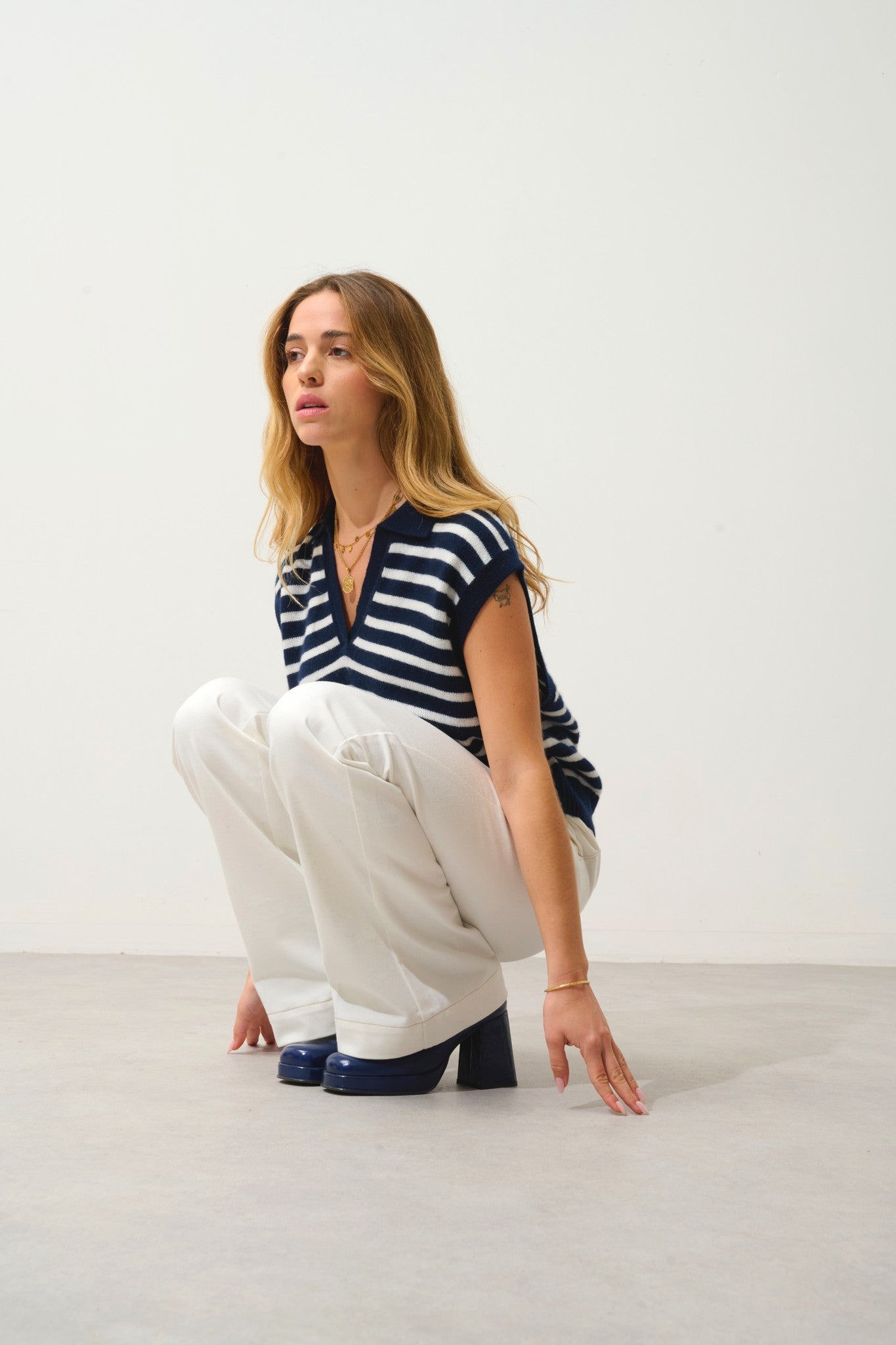 felina pull col polo ouvert sans manches 4 fils bi-color navy/ivoire 100% cachemire