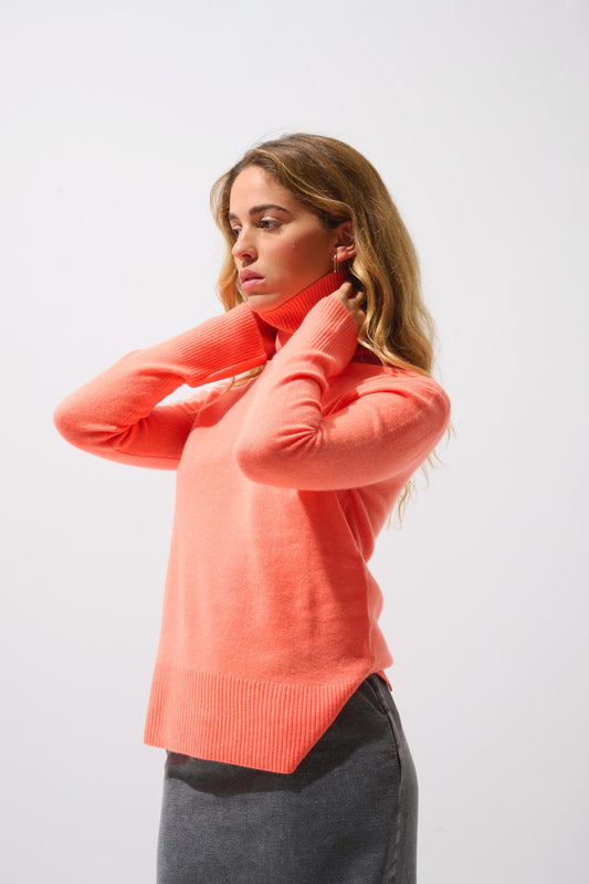 FORNET pull col roulé orange fluo 100% cachemire