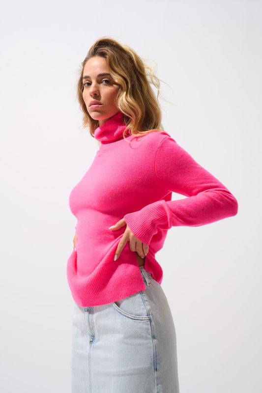 FORNET pull col roulé rose fluo 100% cachemire