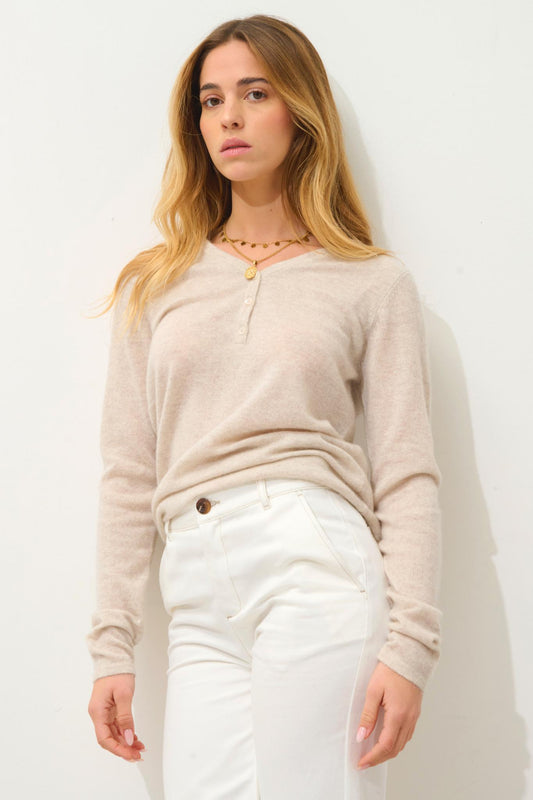 GABLE pull col v boutonné beige chiné 100% cachemire