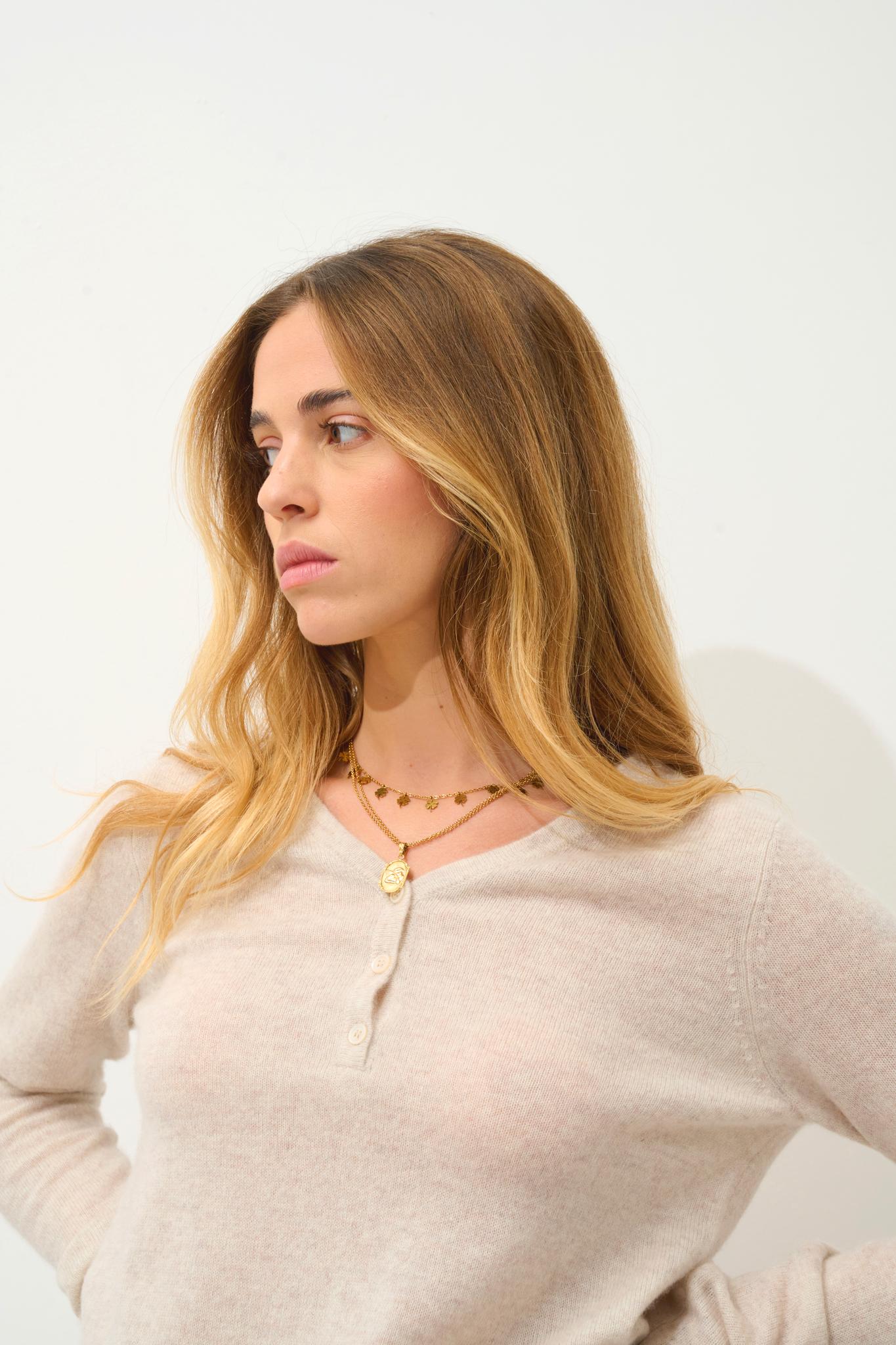 GABLE pull col v boutonné beige chiné 100% cachemire