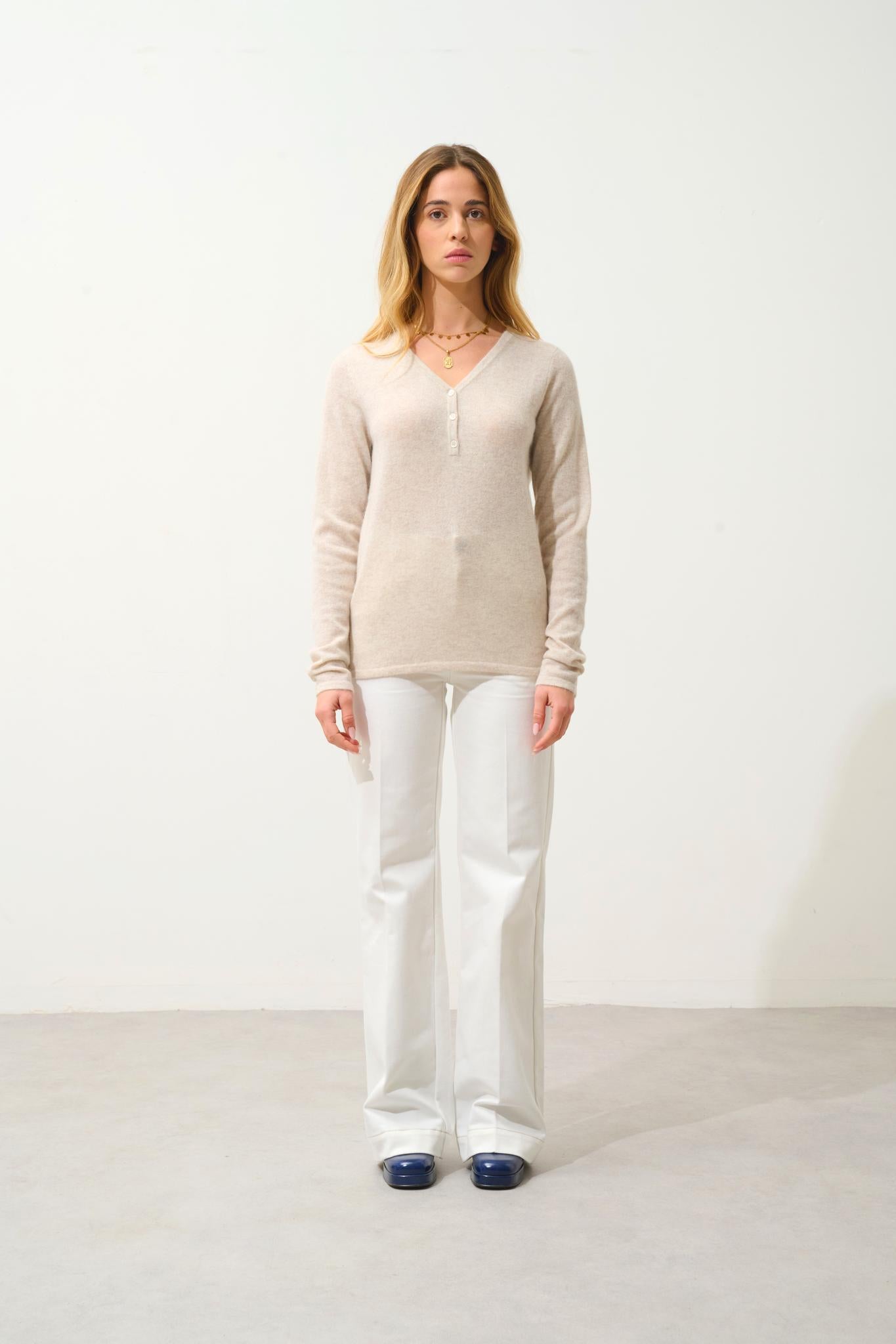 GABLE pull col v boutonné beige chiné 100% cachemire