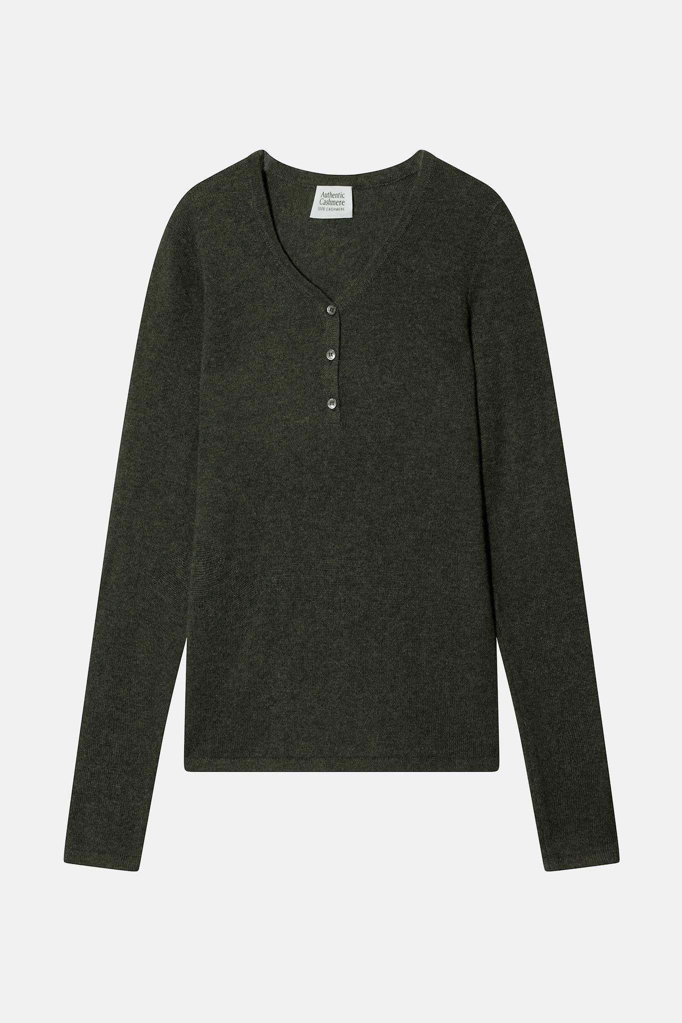 GABLE pull col v boutonné kaki chiné 100% cachemire