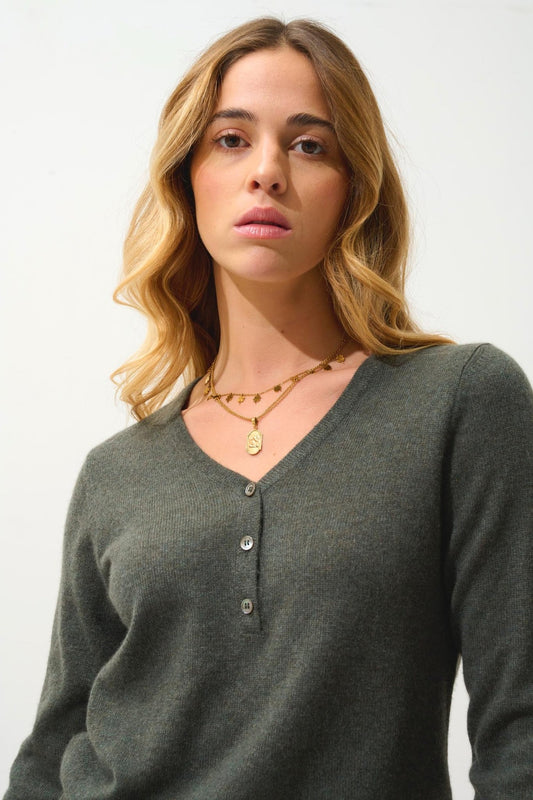 GABLE Pullover mit V-Ausschnitt und Knopfleiste khaki meliert 100% Kaschmir