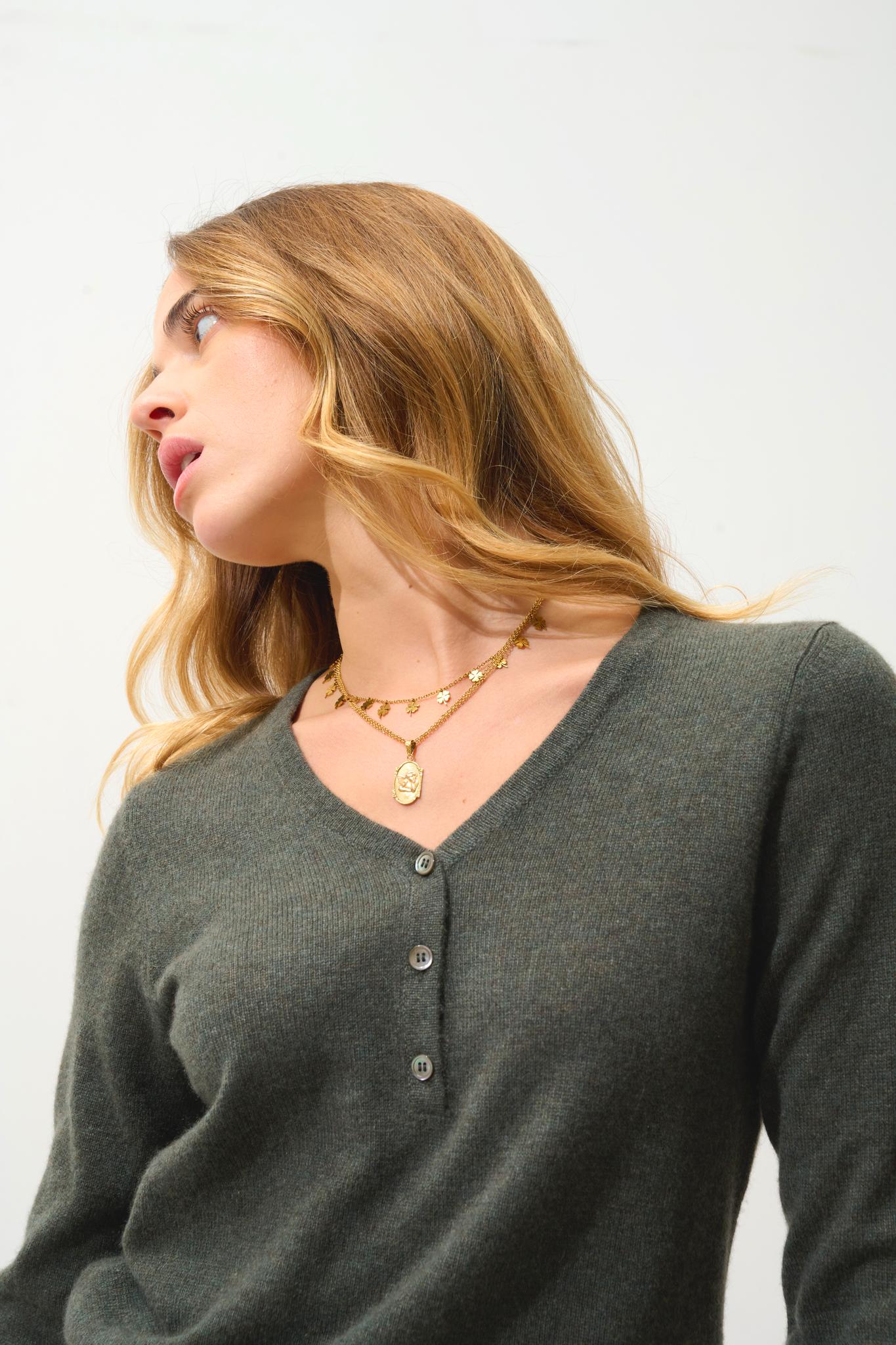 GABLE pull col v boutonné kaki chiné 100% cachemire