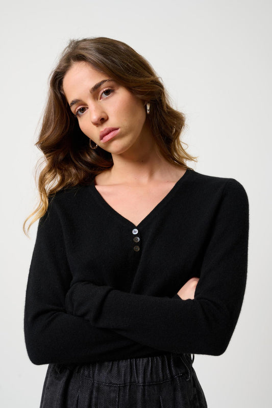 GABLE pull col v boutonné noir 100% cachemire