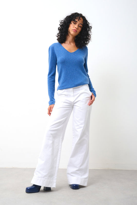 GALISE Pullover mit V-Ausschnitt in Denimblau aus 100% Kaschmir