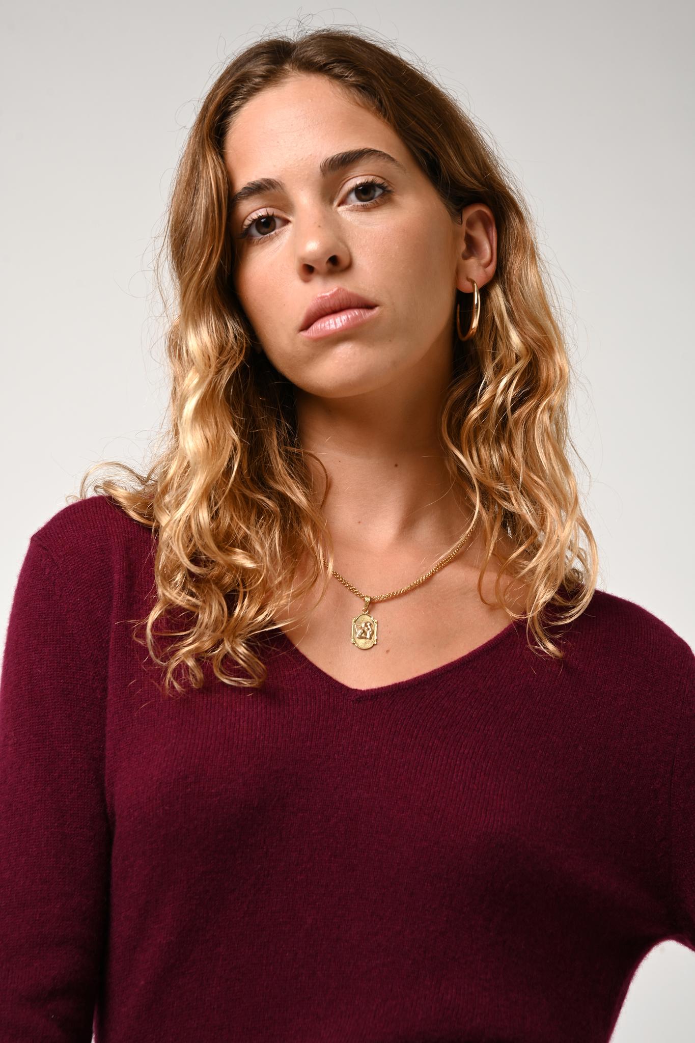 GALISE burgunderfarbener Pullover mit V-Ausschnitt, 100 % Kaschmir