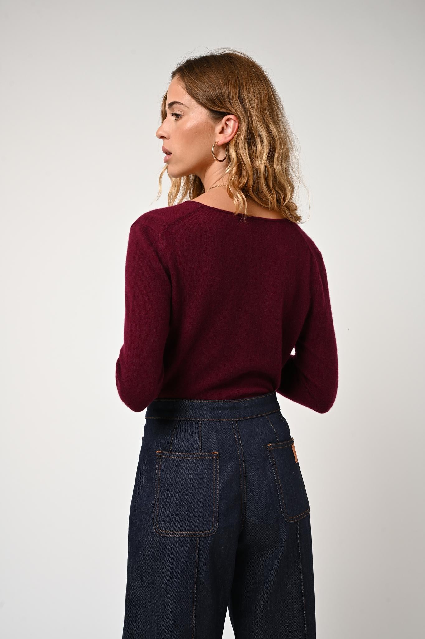 GALISE burgunderfarbener Pullover mit V-Ausschnitt, 100 % Kaschmir