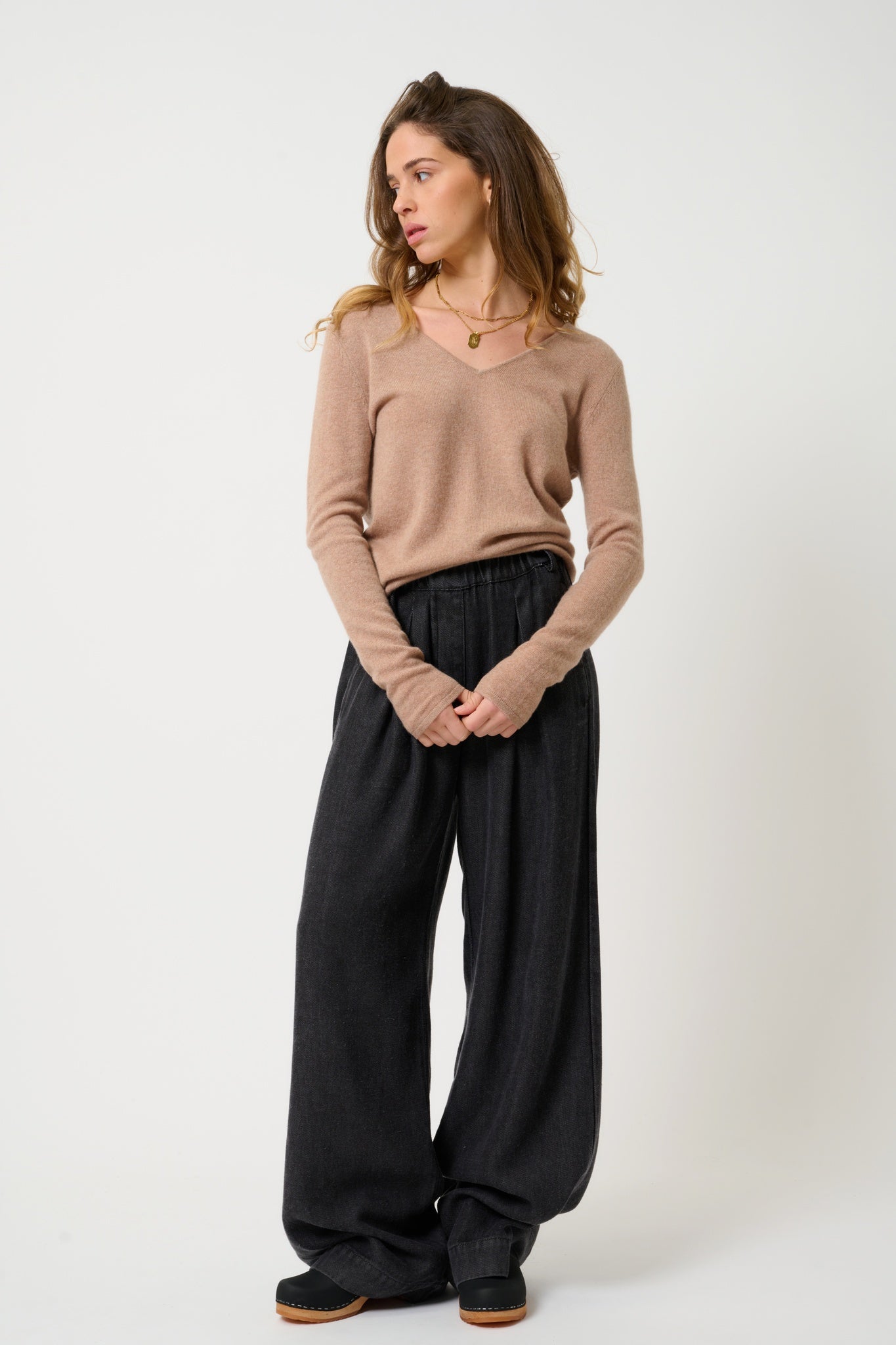 GALISE pull col v camel chiné 100% cachemire