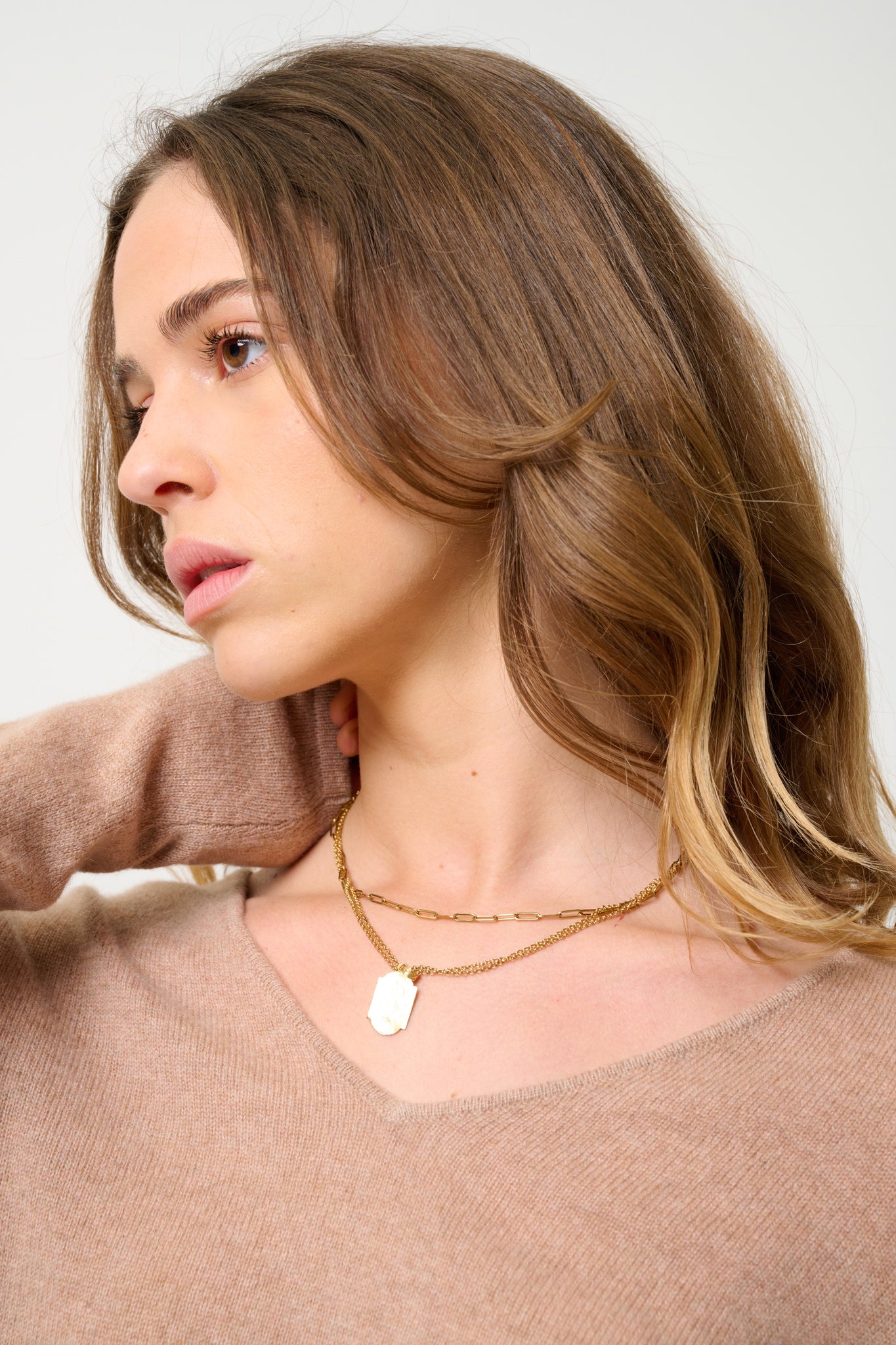 GALISE pull col v camel chiné 100% cachemire