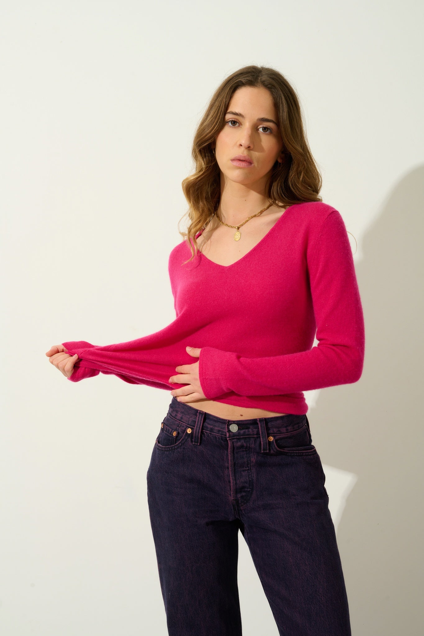 GALISE Fuchsia V-Ausschnitt Pullover 100% Kaschmir