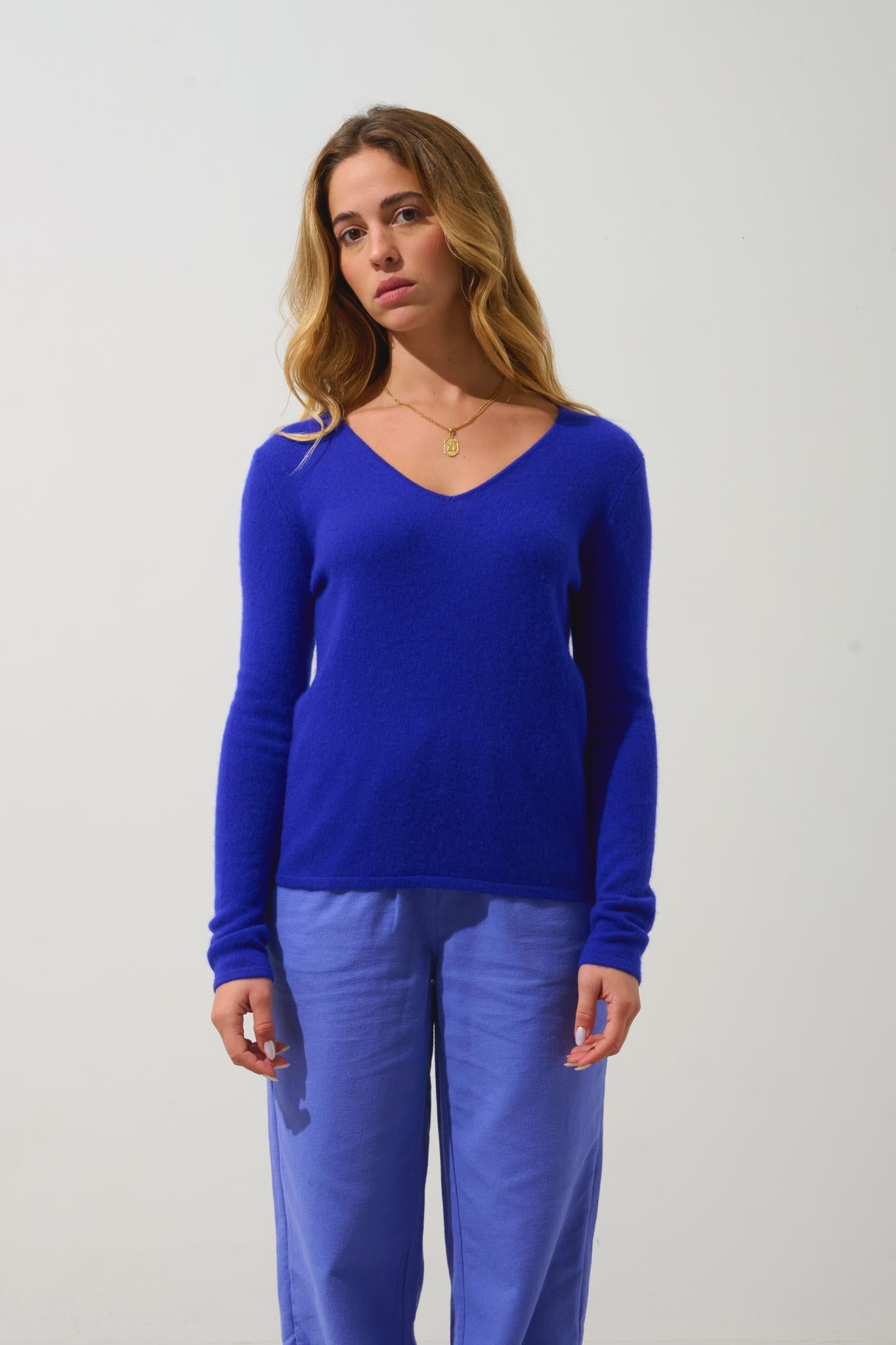 GALISE Pullover mit V-Ausschnitt Indigo 100% Kaschmir