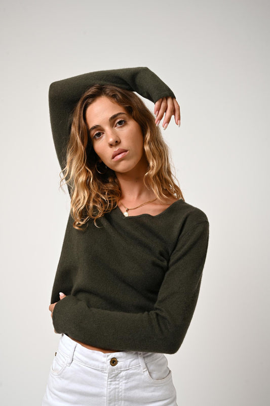 GALISE khaki v-neck sweater 100% cashmere
