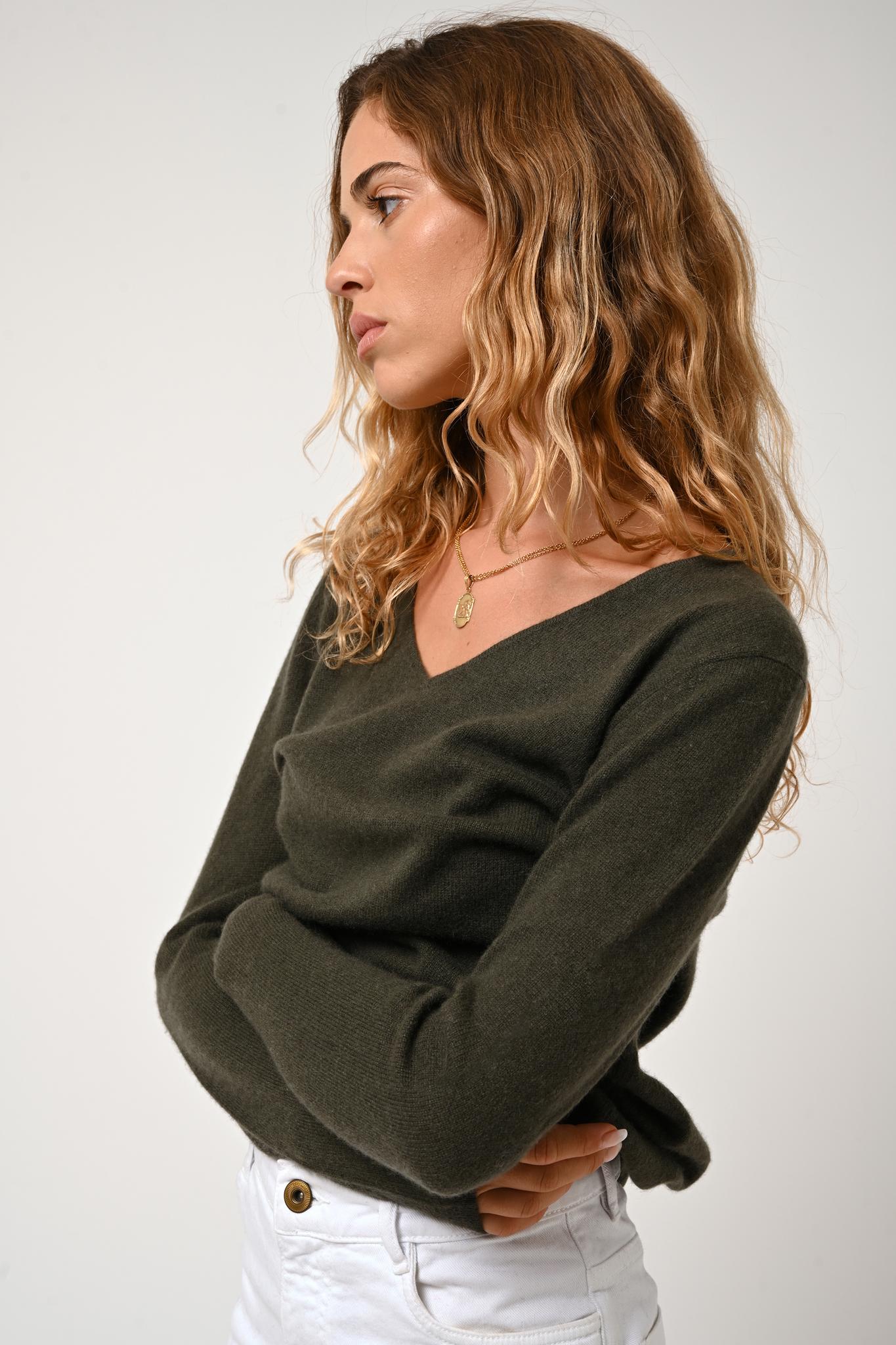 GALISE Khaki-Pullover mit V-Ausschnitt, 100 % Kaschmir