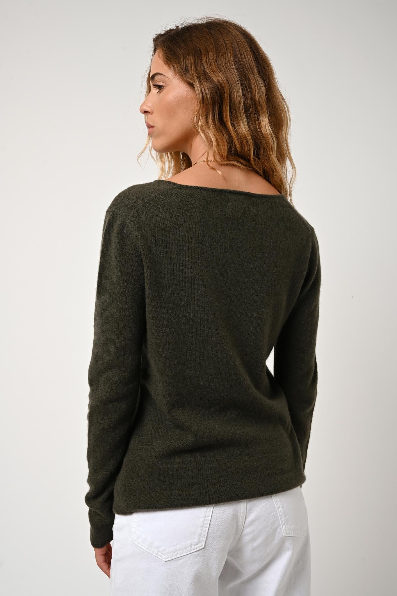 GALISE Khaki-Pullover mit V-Ausschnitt, 100 % Kaschmir