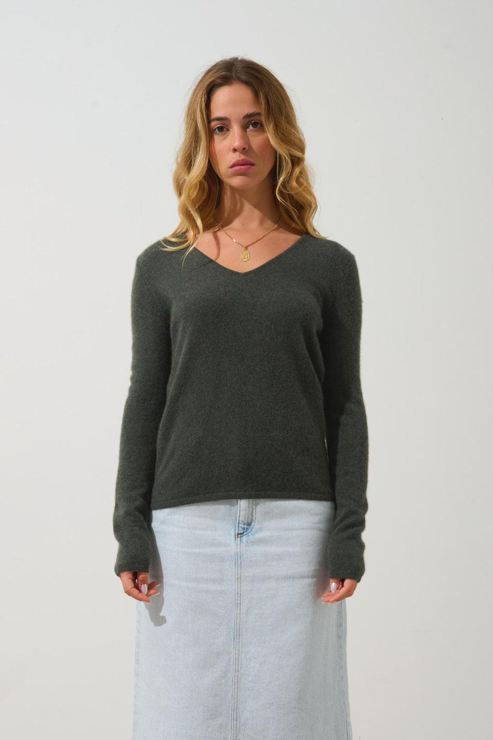 GALISE khaki mottled v-neck sweater 100% cashmere