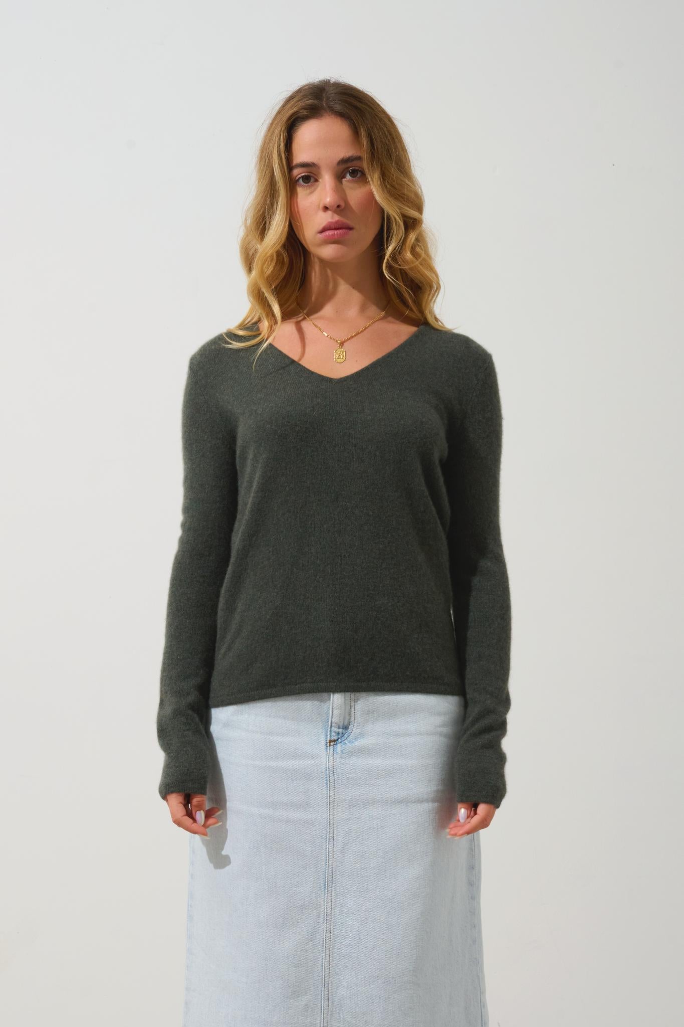 GALISE khaki mottled v-neck sweater 100% cashmere