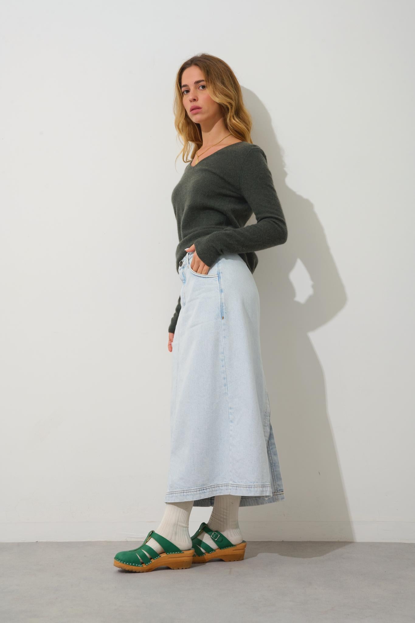 GALISE khaki mottled v-neck sweater 100% cashmere