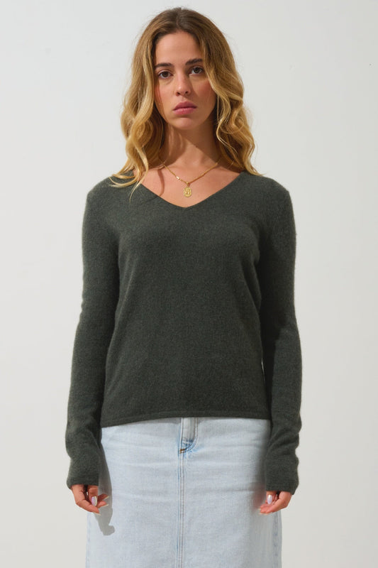 GALISE Pullover mit V-Ausschnitt khaki meliert 100% Kaschmir
