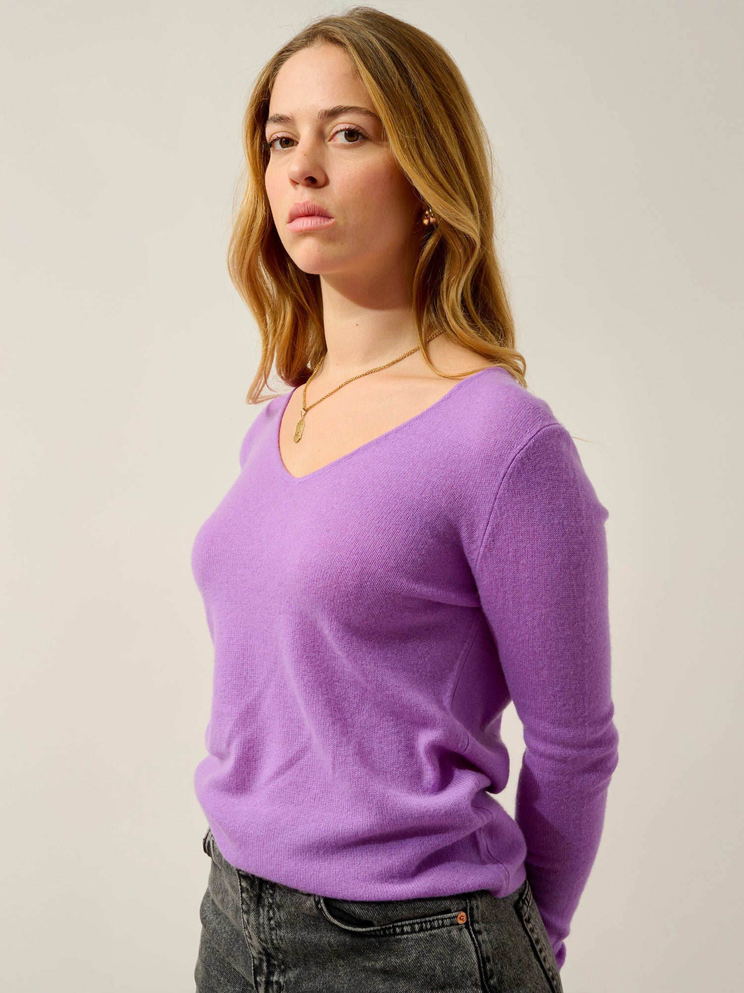 GALISE pull col v lilas 100% cachemire