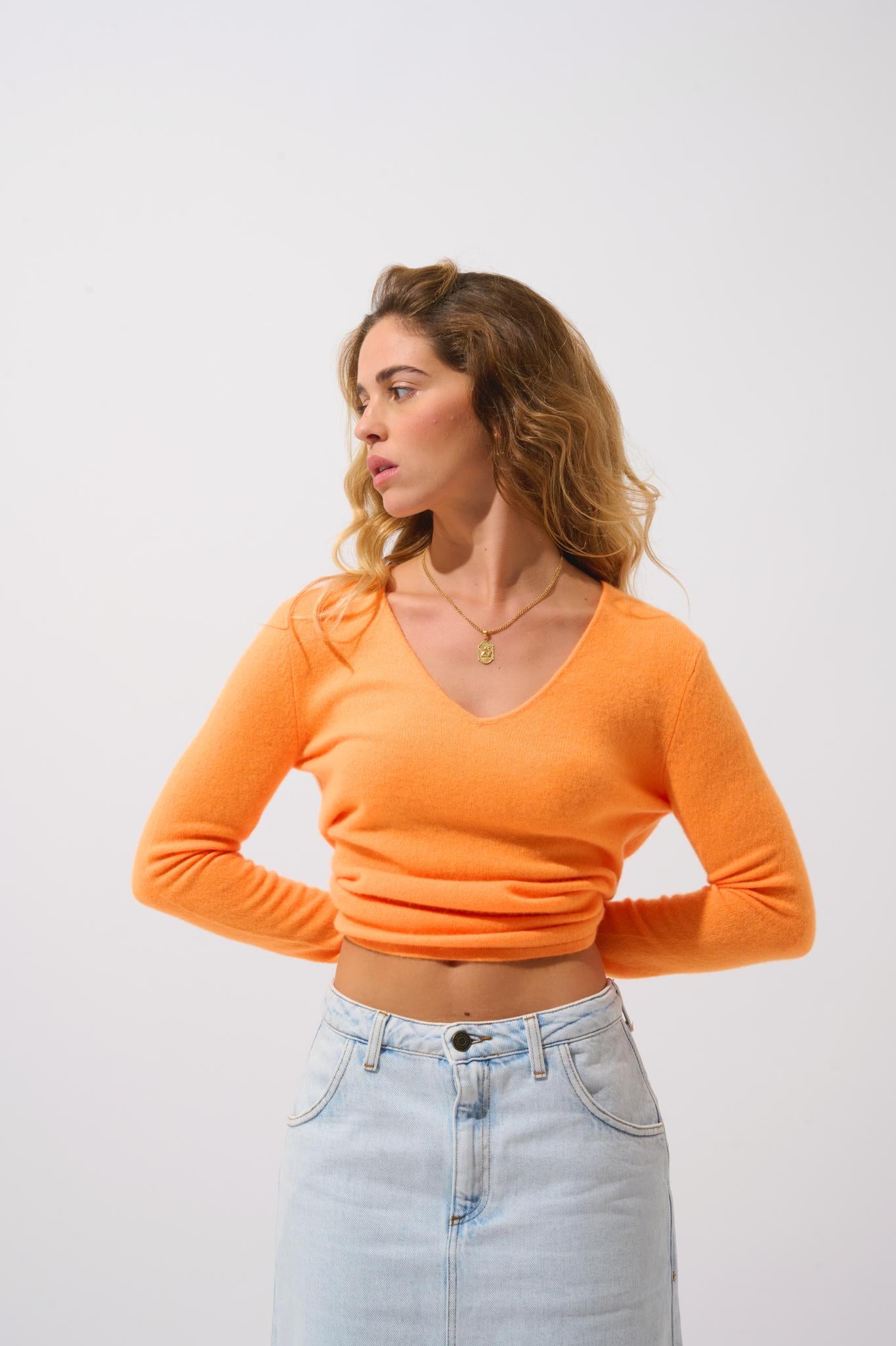 GALISE Pullover mit V-Ausschnitt in Neon-Mandarine aus 100% Kaschmir